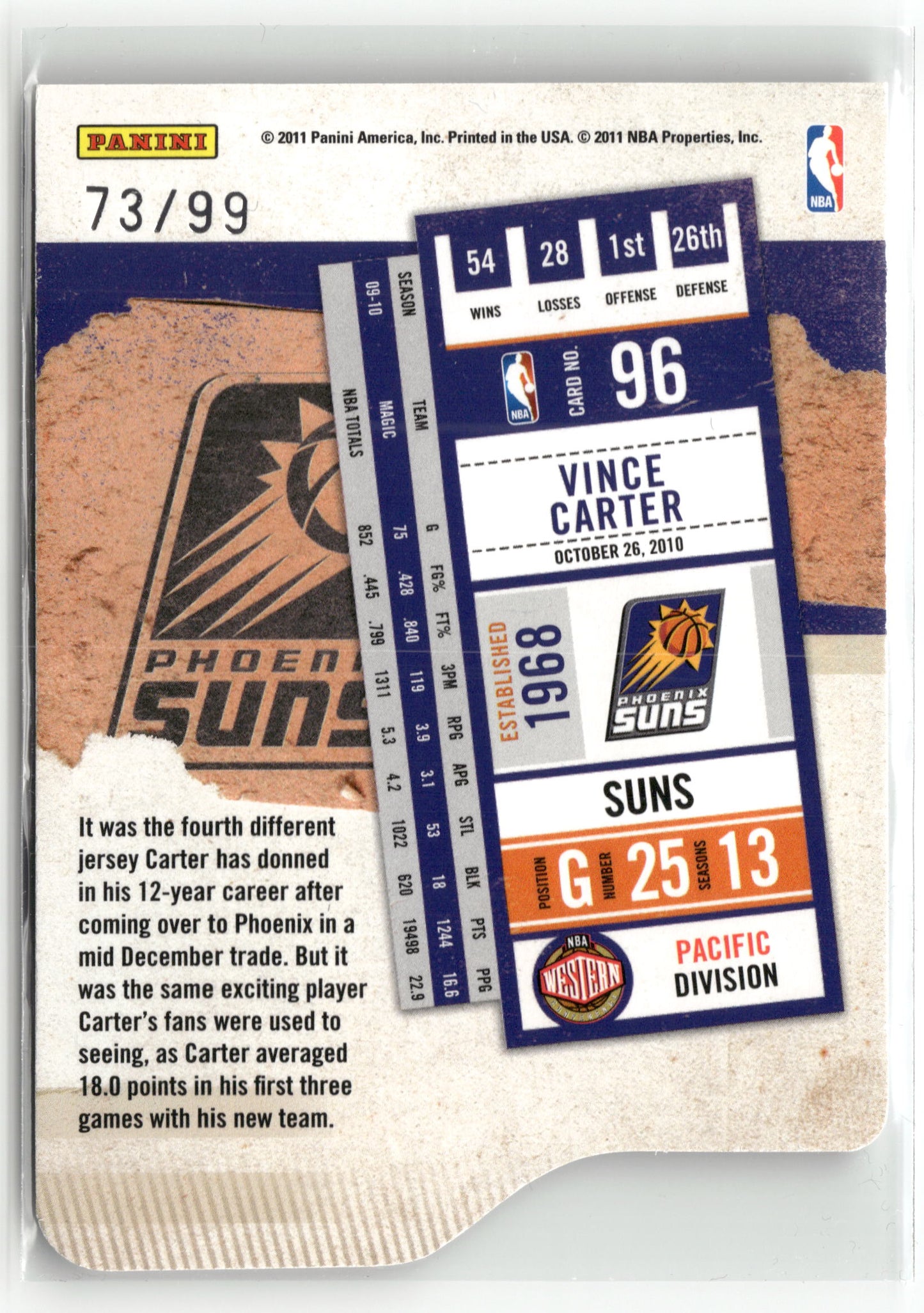 Basketball NBA Vince Carter 2010-11 Playoff Contenders Patches #96 Gold Die Cut 73/99 Phoenix Suns Trading Card Original