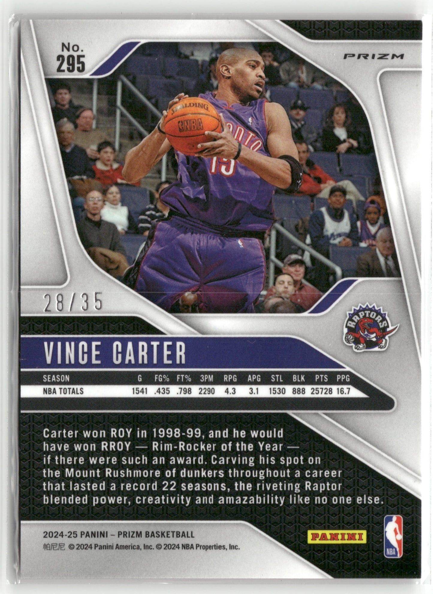 Basketball NBA Vince Carter 2024-25 Panini Prizm Basketball #295 Red Holo Laser /35 Toronto Raptors Trading Card Original