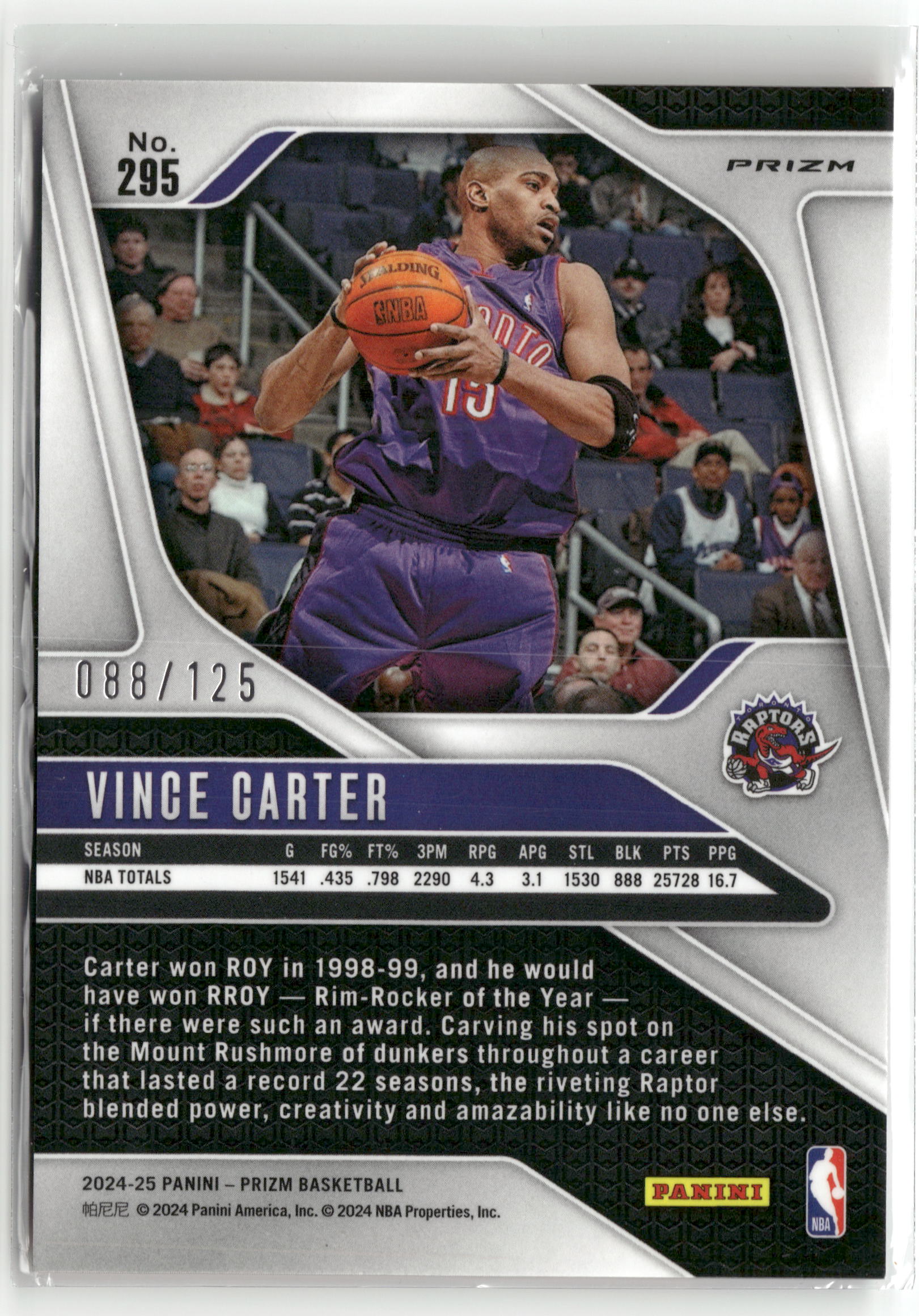 Basketball NBA Vince Carter 2024-25 Panini Prizm Basketball #295 Orange Fast Break Prizm /125 Toronto Raptors Trading Card Original