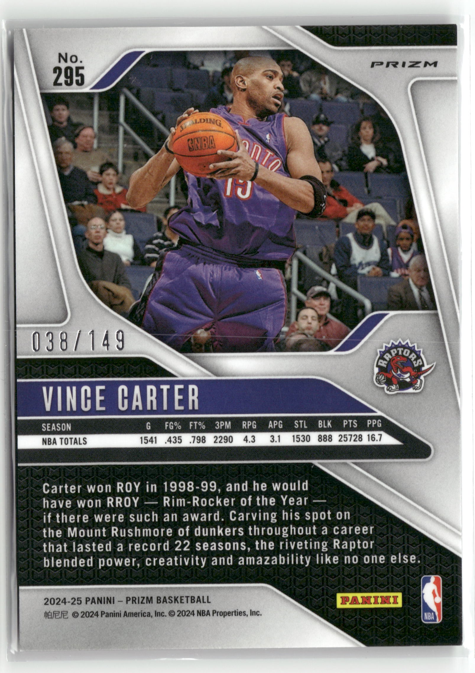 Basketball NBA Vince Carter 2024-25 Panini Prizm Basketball #295 Purple Cracked Ice Color Match /149 Toronto Raptors Trading Card Original