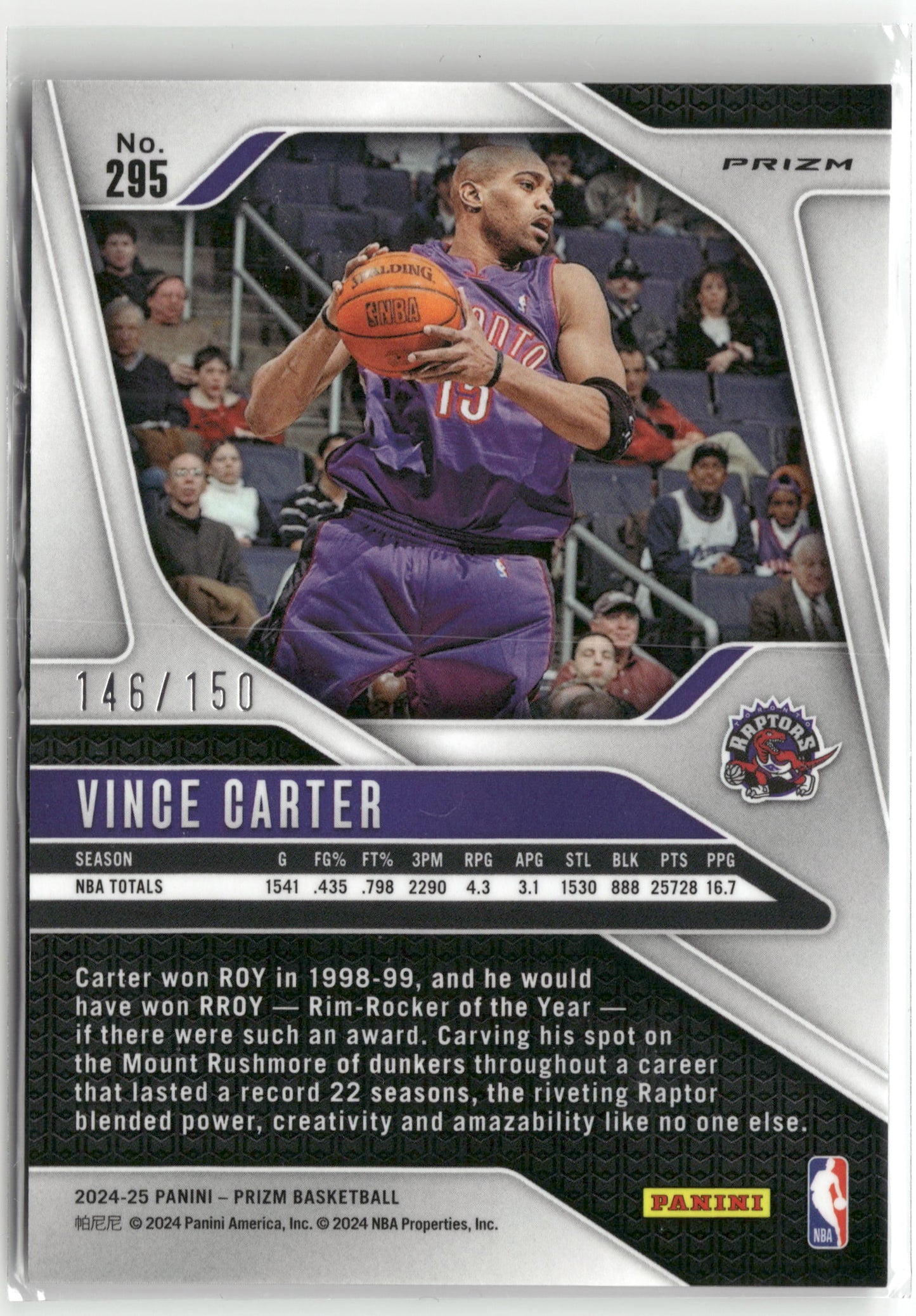 Basketball NBA Vince Carter 2024-25 Panini Prizm Basketball #295 Pandora Prizm /150 Toronto Raptors Trading Card Original