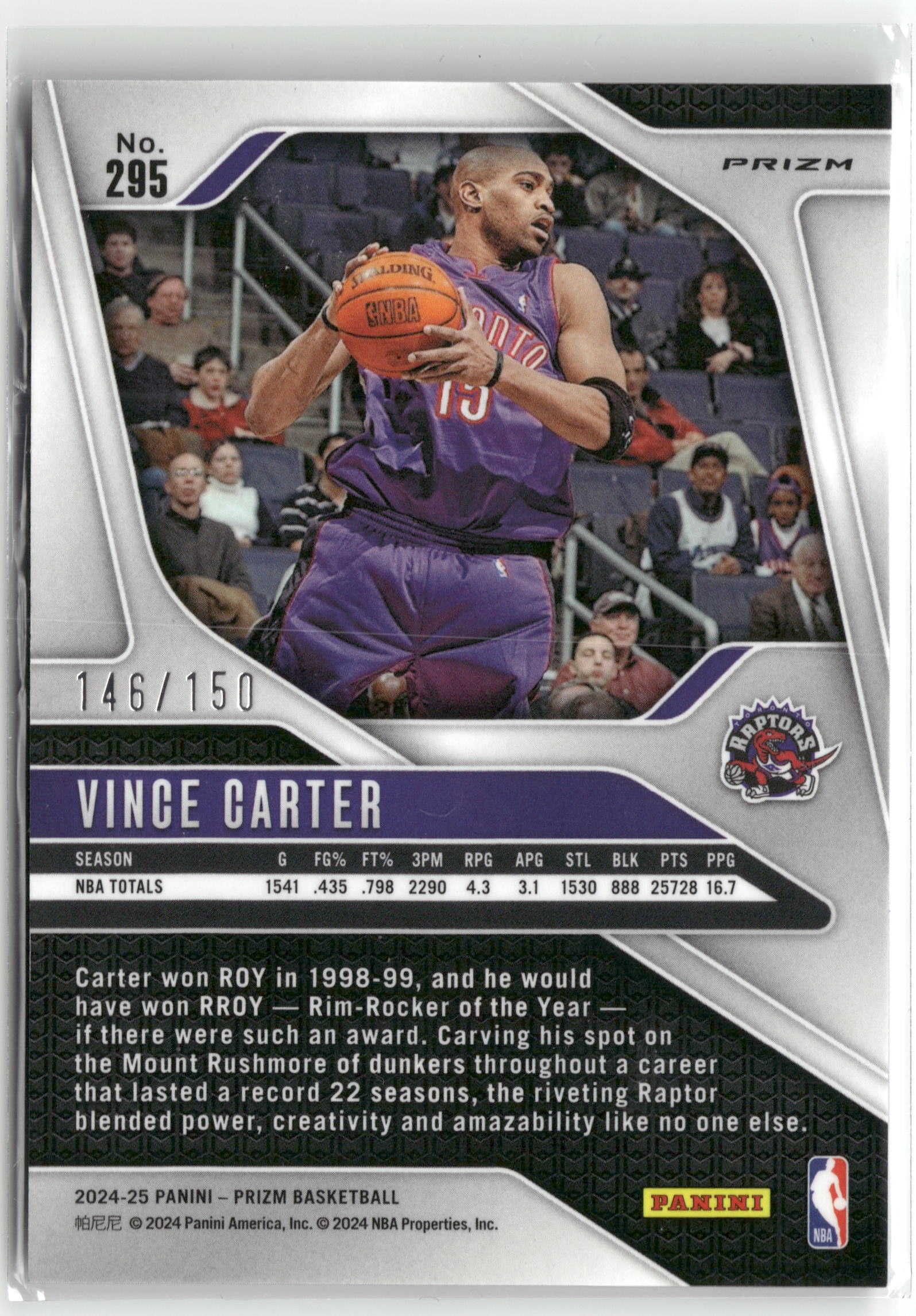 Basketball NBA Vince Carter 2024-25 Panini Prizm Basketball #295 Pandora Prizm /150 Toronto Raptors Trading Card Original
