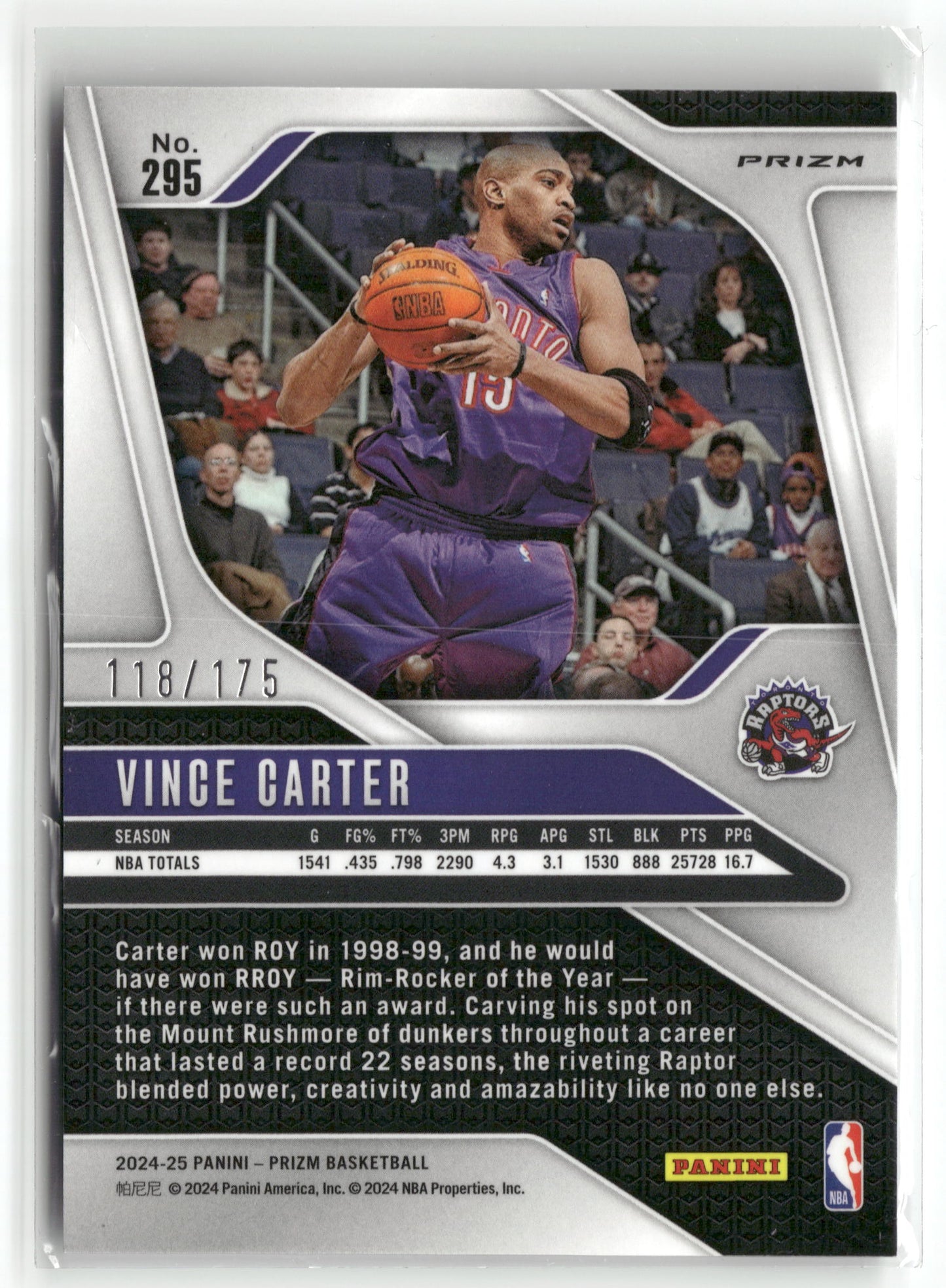 Basketball NBA Vince Carter 2024-25 Panini Prizm Basketball #295 White Prizm /175 Toronto Raptors Trading Card Original