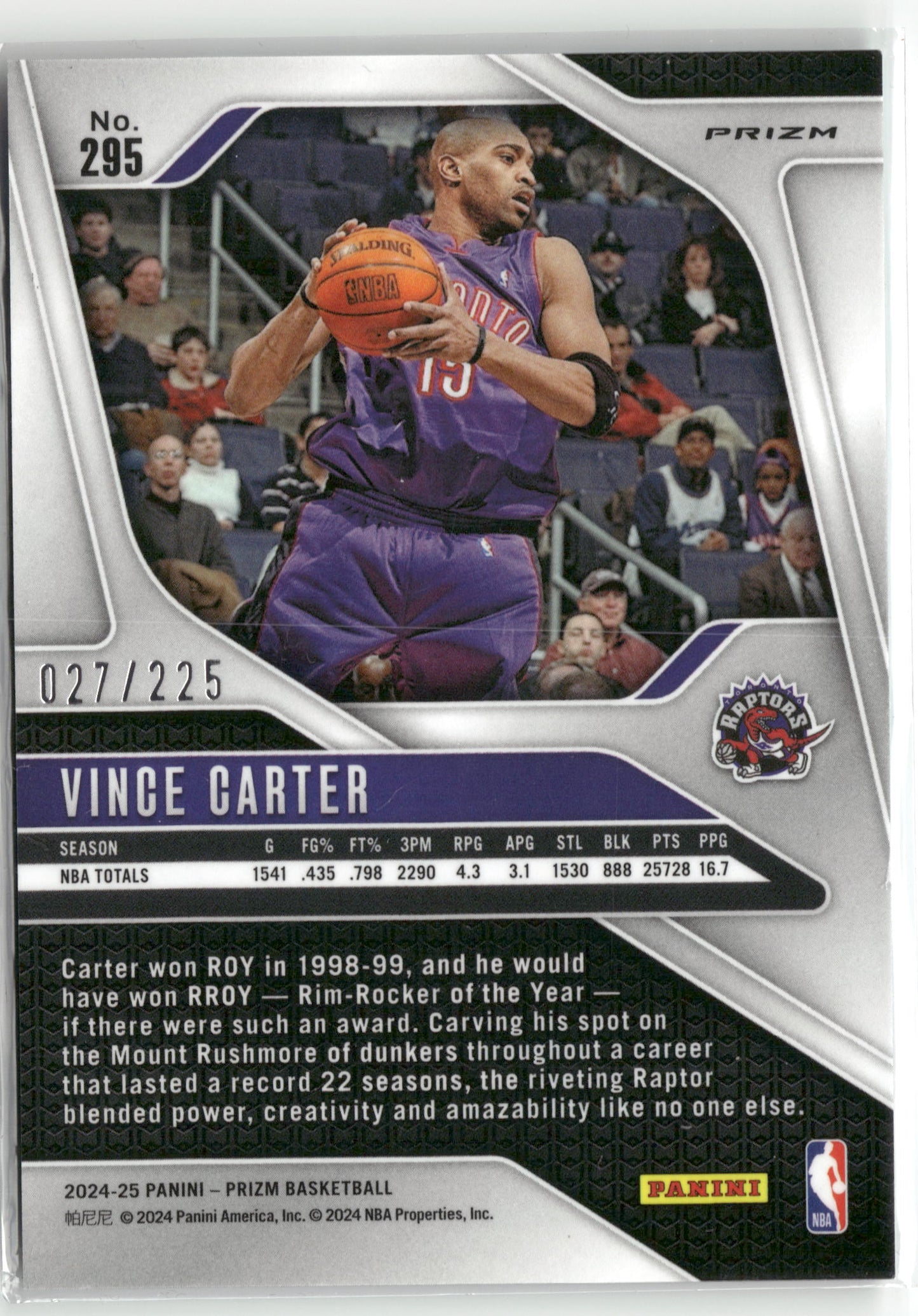 Basketball NBA Vince Carter 2024-25 Panini Prizm Basketball #295 Teal Cracked Ice Prizm /225 Toronto Raptors Trading Card Original