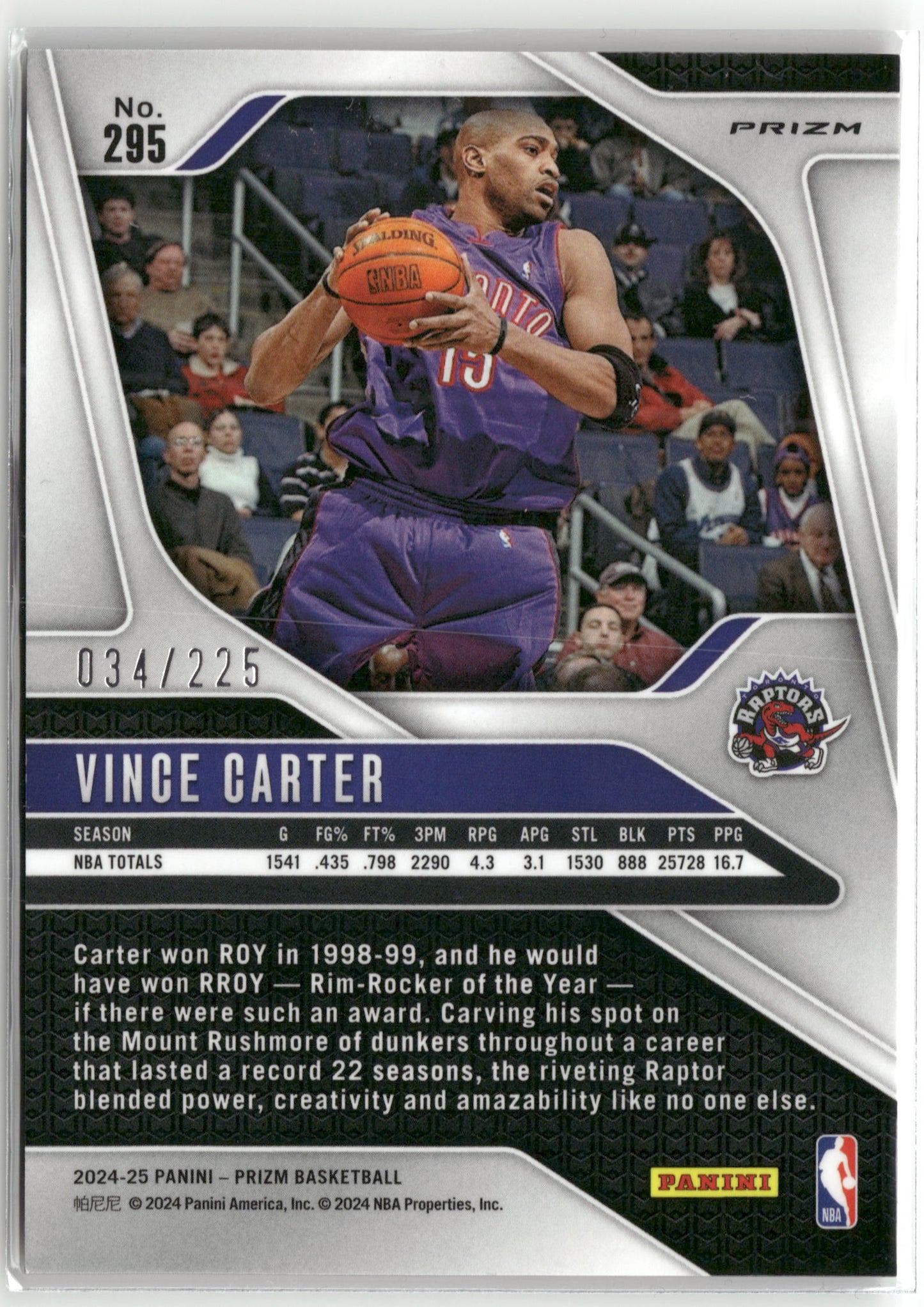 Basketball NBA Vince Carter 2024-25 Panini Prizm Basketball #295 True Red Prizm /225 Toronto Raptors Trading Card Original