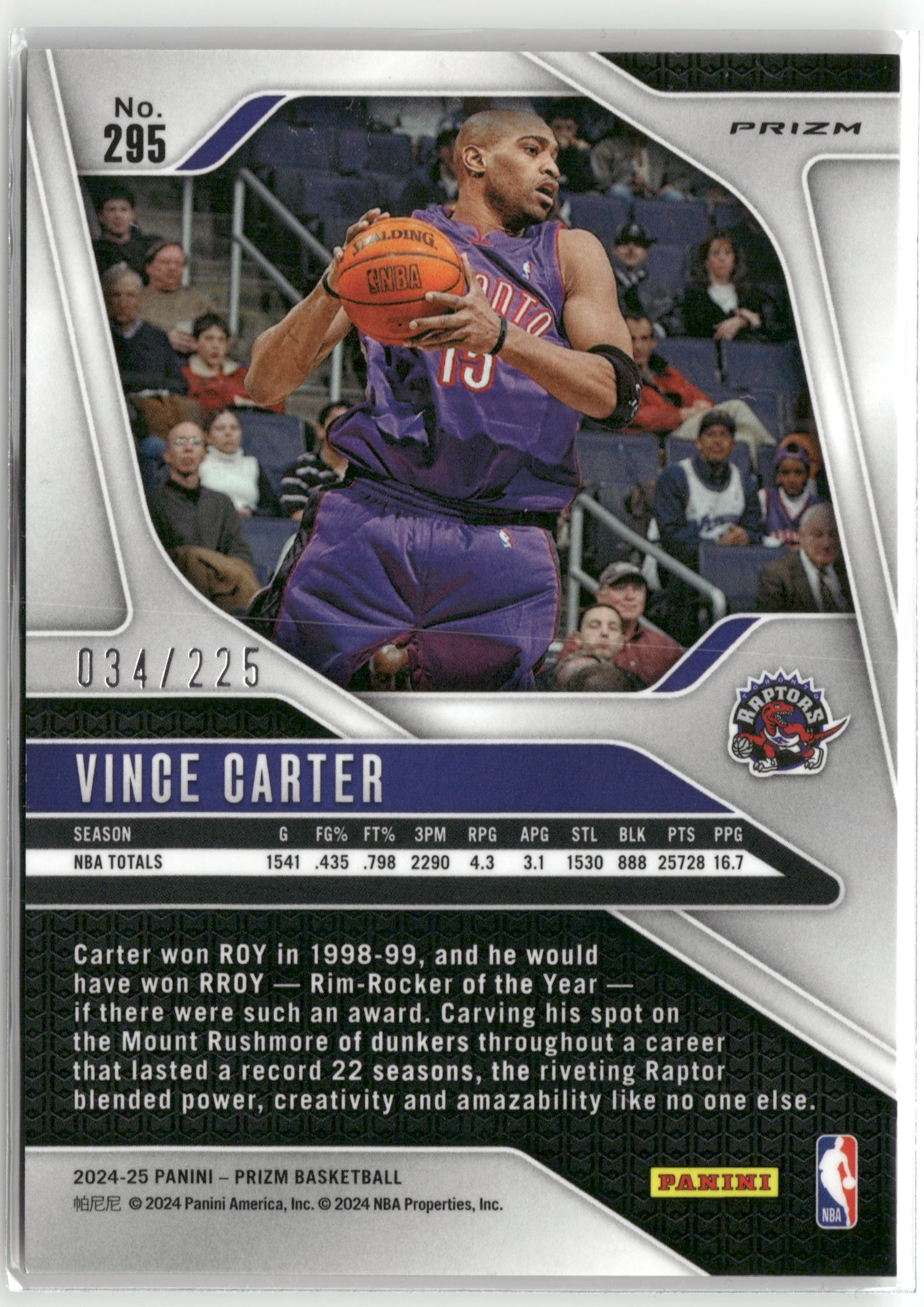 Basketball NBA Vince Carter 2024-25 Panini Prizm Basketball #295 True Red Prizm /225 Toronto Raptors Trading Card Original