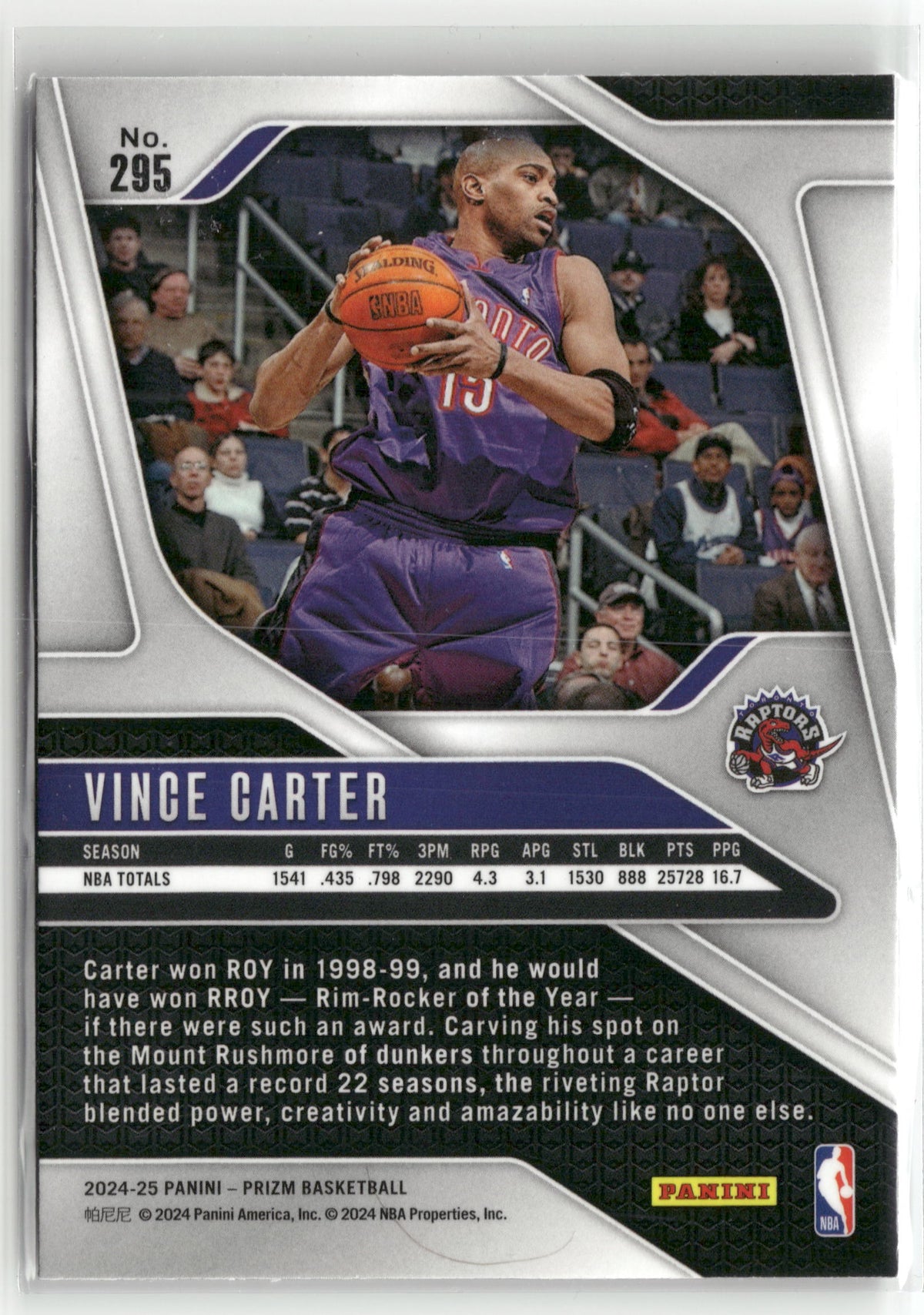 Basketball NBA Vince Carter 2024-25 Panini Prizm Basketball #295 Toronto Raptors Trading Card Original