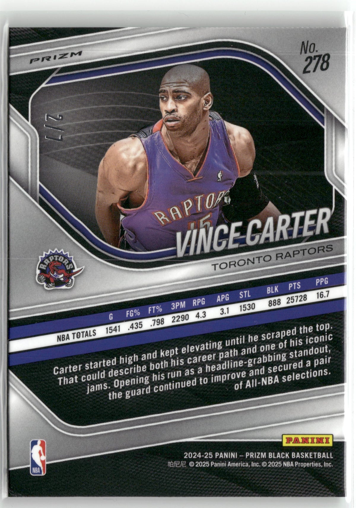 Basketball NBA Vince Carter 2024-25 Panini Prizm Black Basketball #278 Green Shimmer Prizm 2/7 Toronto Raptors Trading Card Original