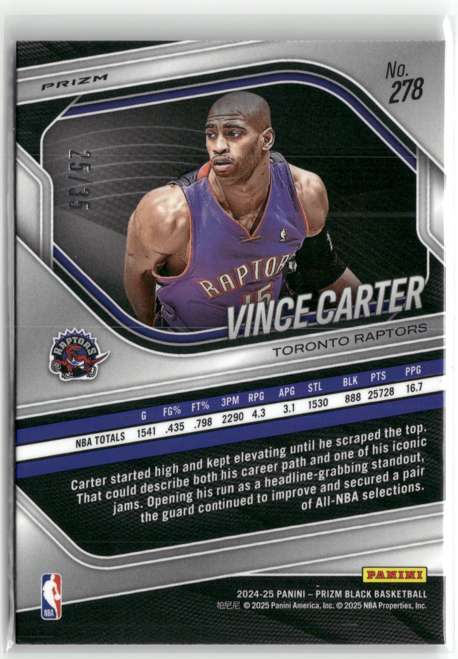 Basketball NBA Vince Carter 2024-25 Panini Prizm Black Basketball #278 Blue Shimmer Prizm /35 Toronto Raptors Trading Card Original