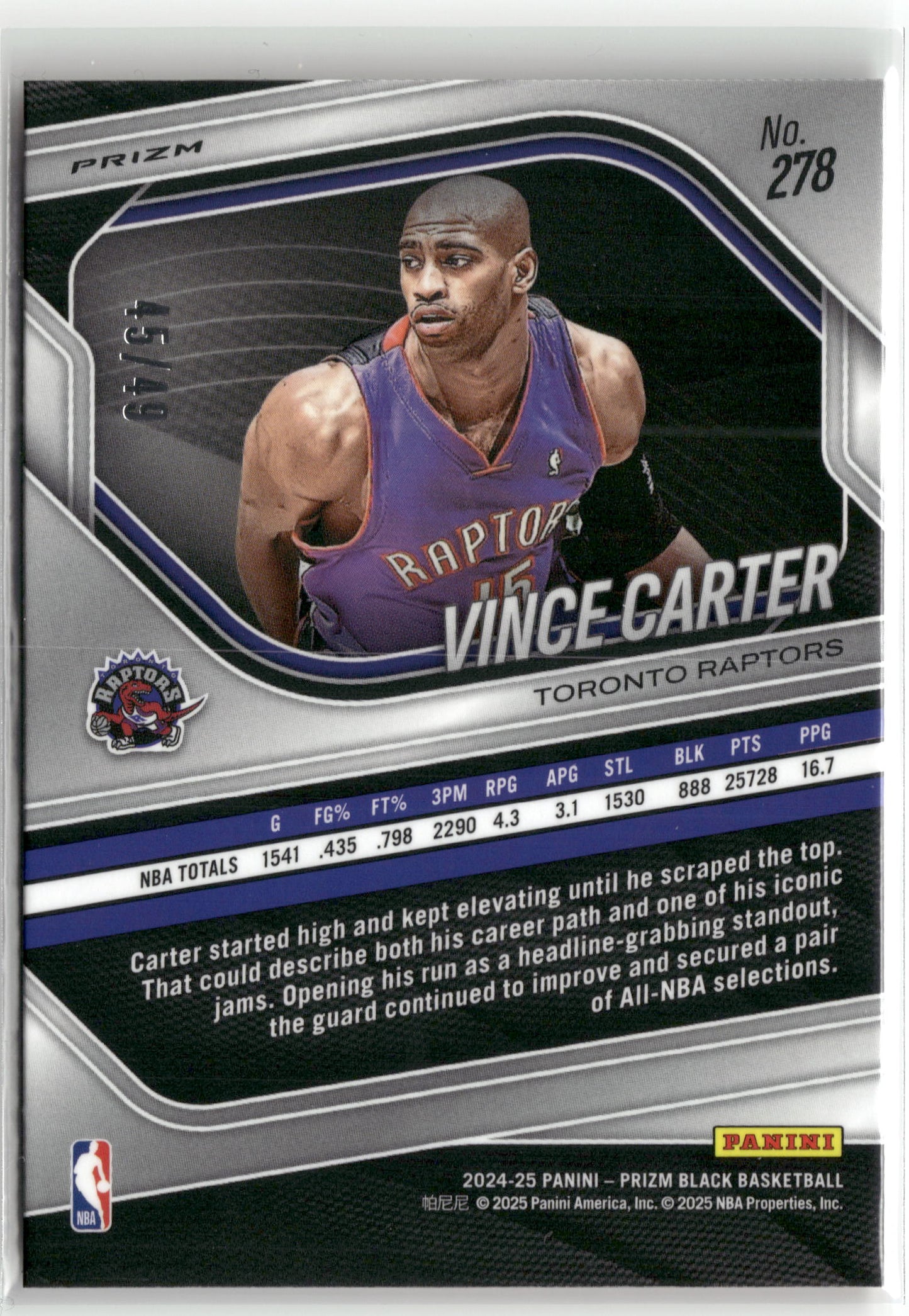 Basketball NBA Vince Carter 2024-25 Panini Prizm Black Basketball #278 True Orange Prim /49 Toronto Raptors Trading Card Original