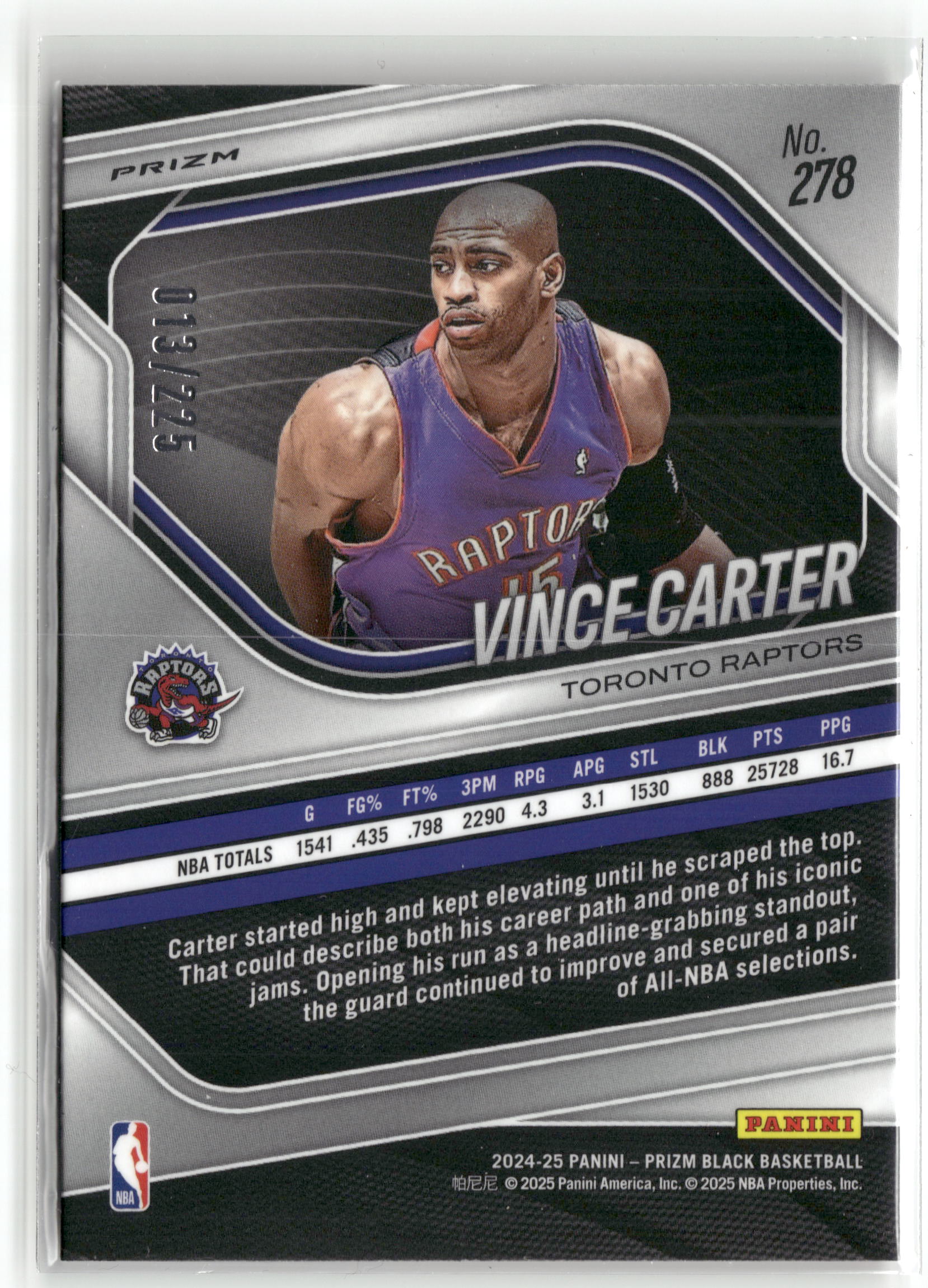 Basketball NBA Vince Carter 2024-25 Panini Prizm Black Basketball #278 Basketball Prizm /225 Toronto Raptors Trading Card Original
