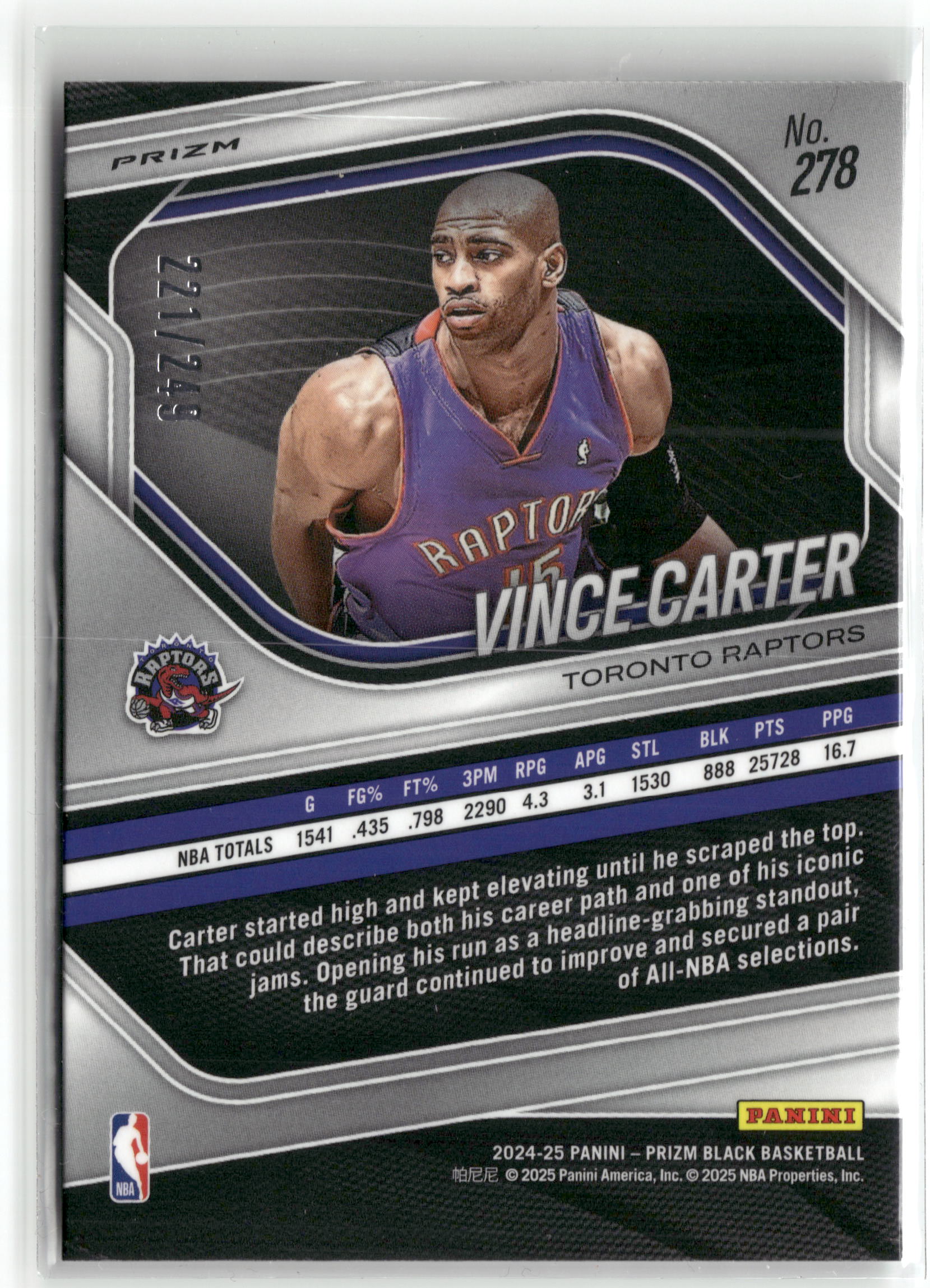 Basketball NBA Vince Carter 2024-25 Panini Prizm Black Basketball #278 Skewed Prizm /249 Toronto Raptors Trading Card Original