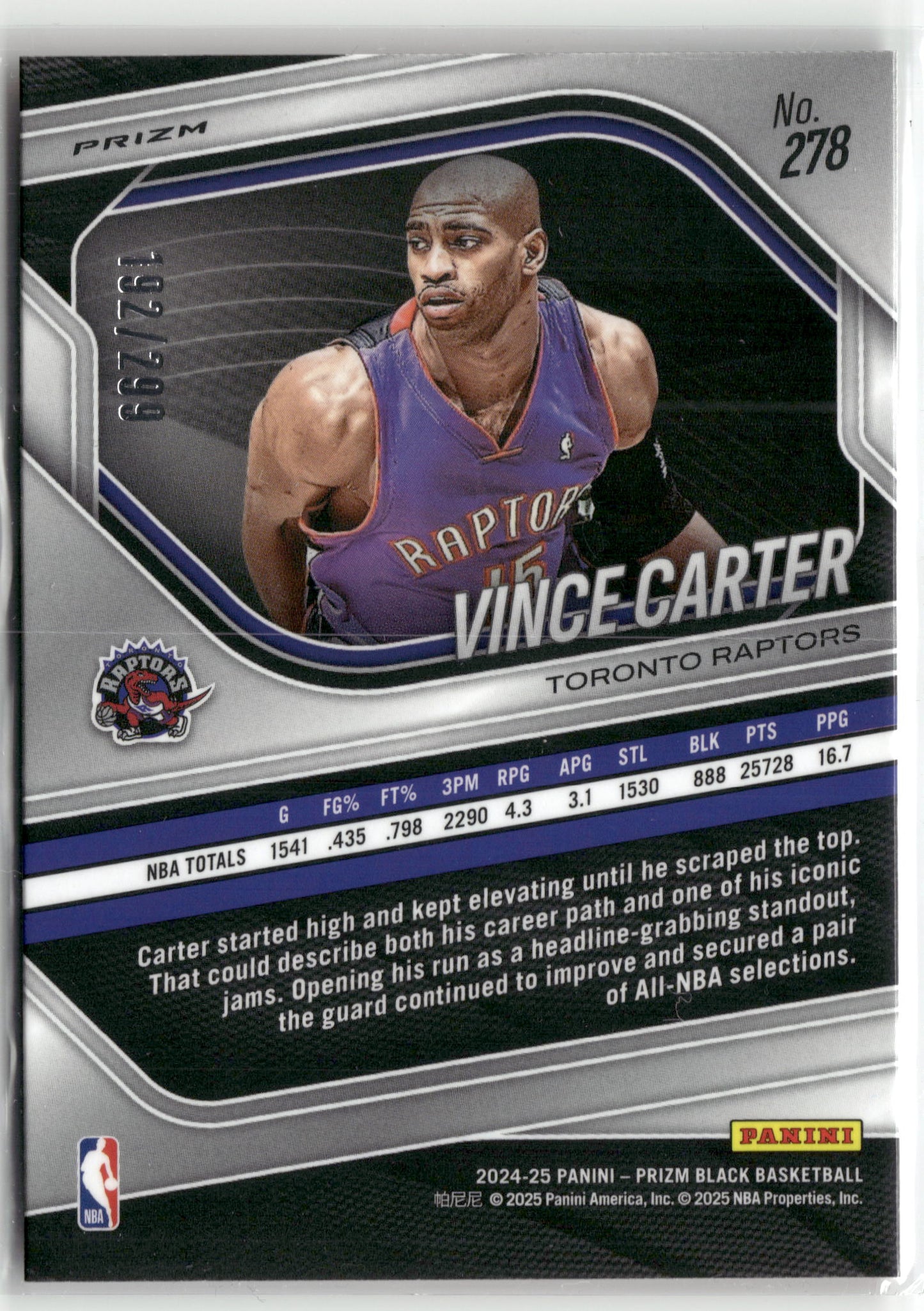 Basketball NBA Vince Carter 2024-25 Panini Prizm Black Basketball #278 True Red Prizm /299 Toronto Raptors Trading Card Original