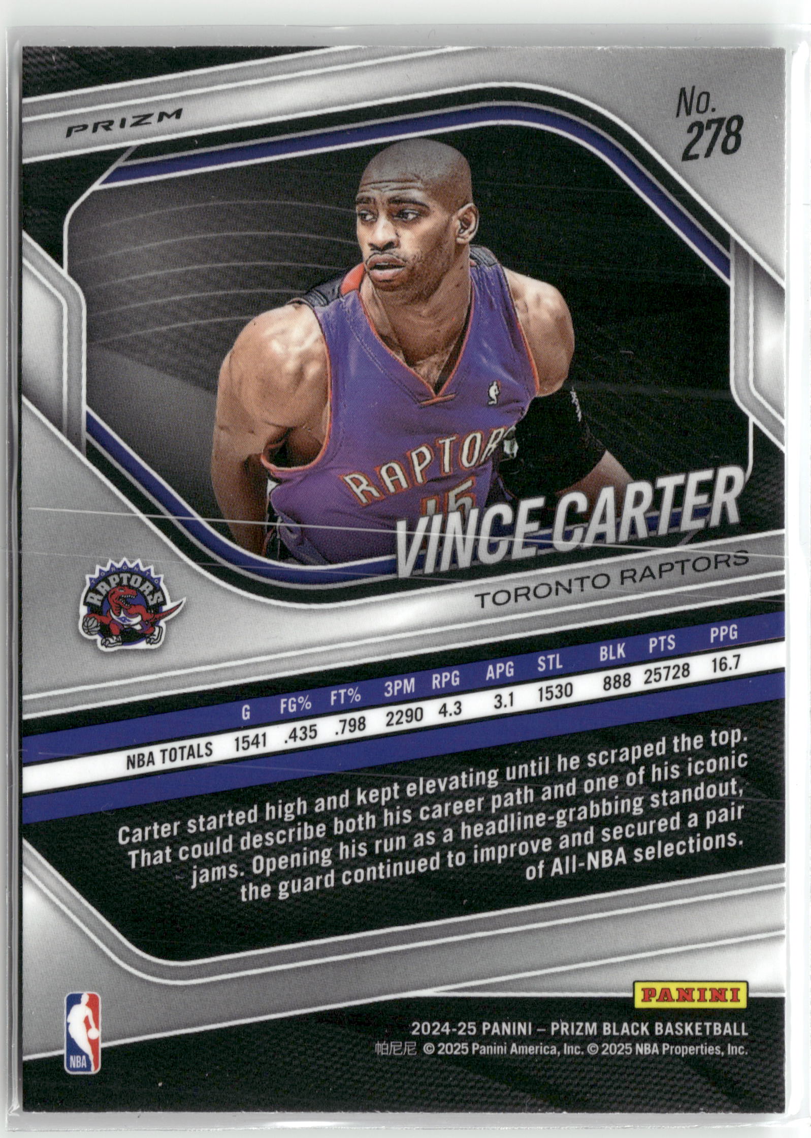 Basketball NBA Vince Carter 2024-25 Panini Prizm Black Basketball #278 Silver Prizm Toronto Raptors Trading Card Original