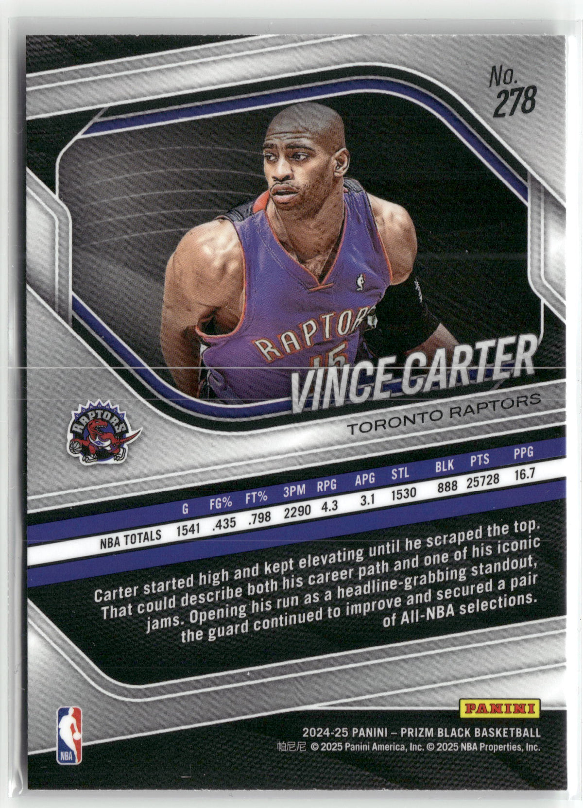 Basketball NBA Vince Carter 2024-25 Panini Prizm Black Basketball #278 Toronto Raptors Trading Card Original
