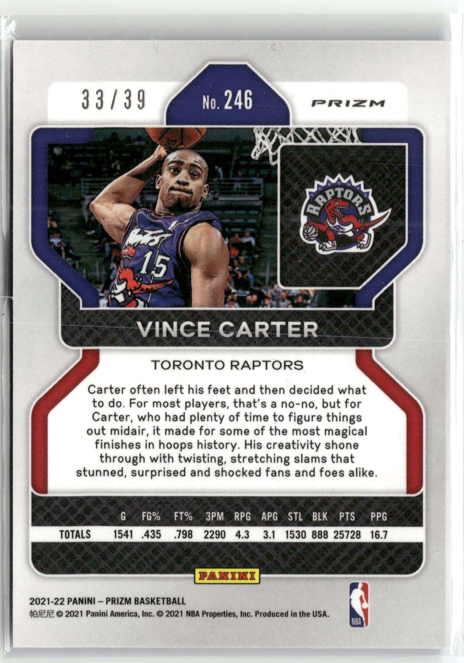 Basketball NBA Vince Carter 2021-22 Panini Prizm Basketball #246 Choice Blue Prizm /39 Toronto Raptors Trading Card Original