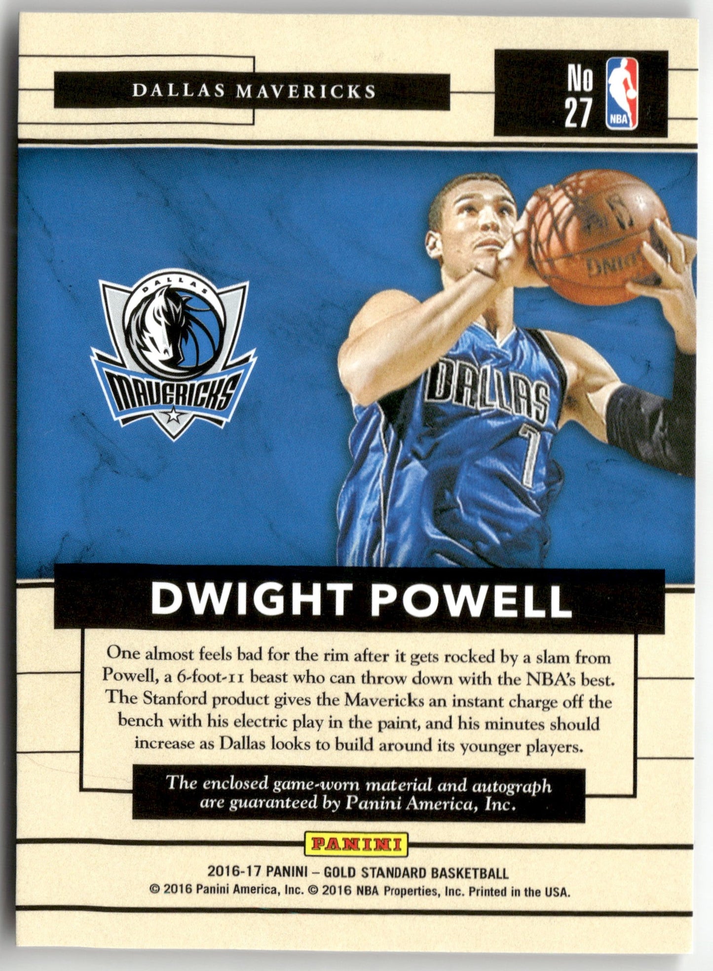 Basketball NBA Dwight Powell 2016-17 Panini Gold Standard Basketball #27 Gold Strike Auto Relic /149 Game Worn Dallas Mavericks Trading Card Original