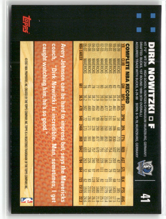 Basketball NBA Dirk Nowitzki 2007 Topps #41 Dallas Mavericks Trading Card Original