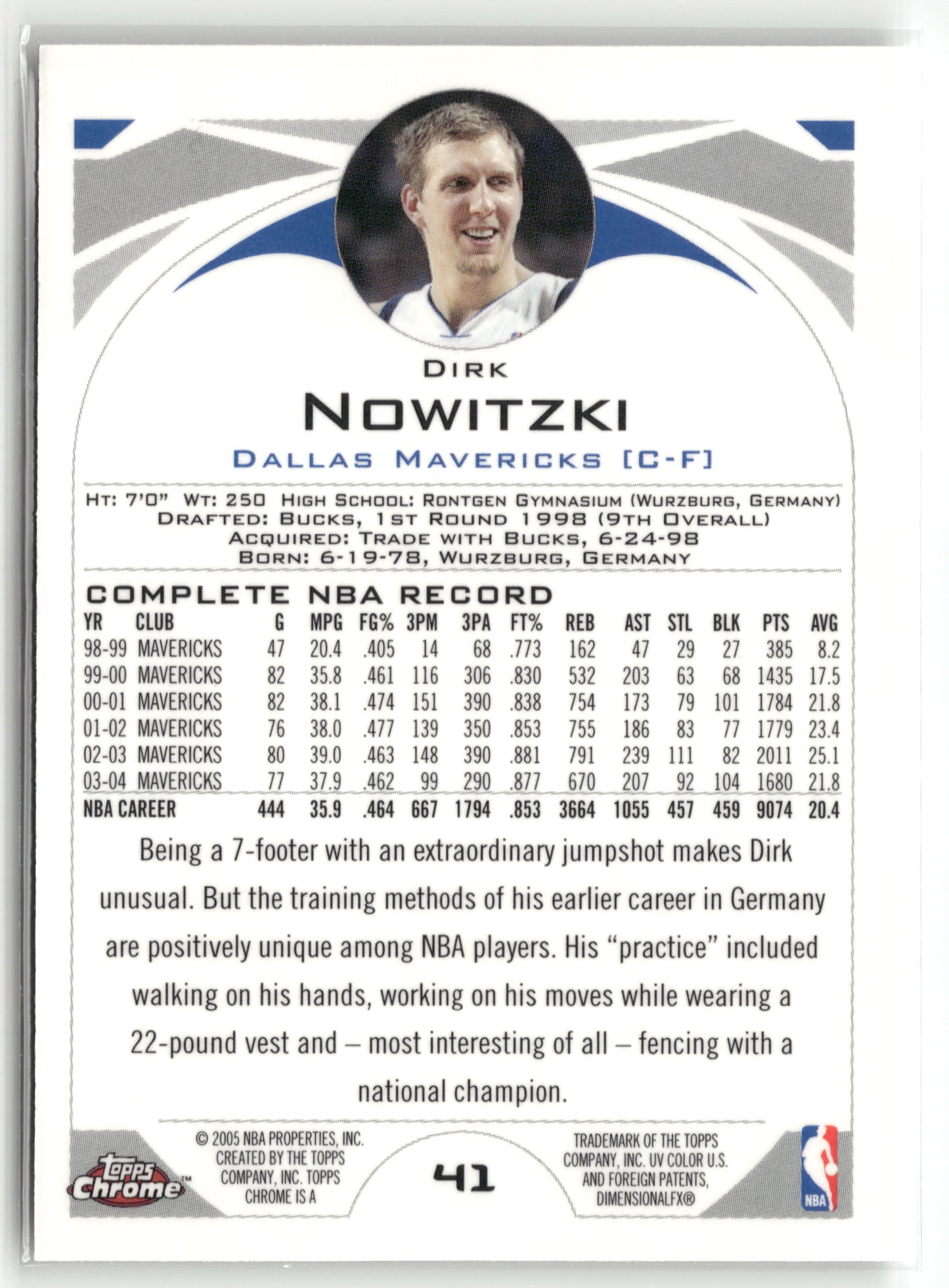 Basketball NBA Dirk Nowitzki 2004-05 Topps Chrome #41 Dallas Mavericks Trading Card Original