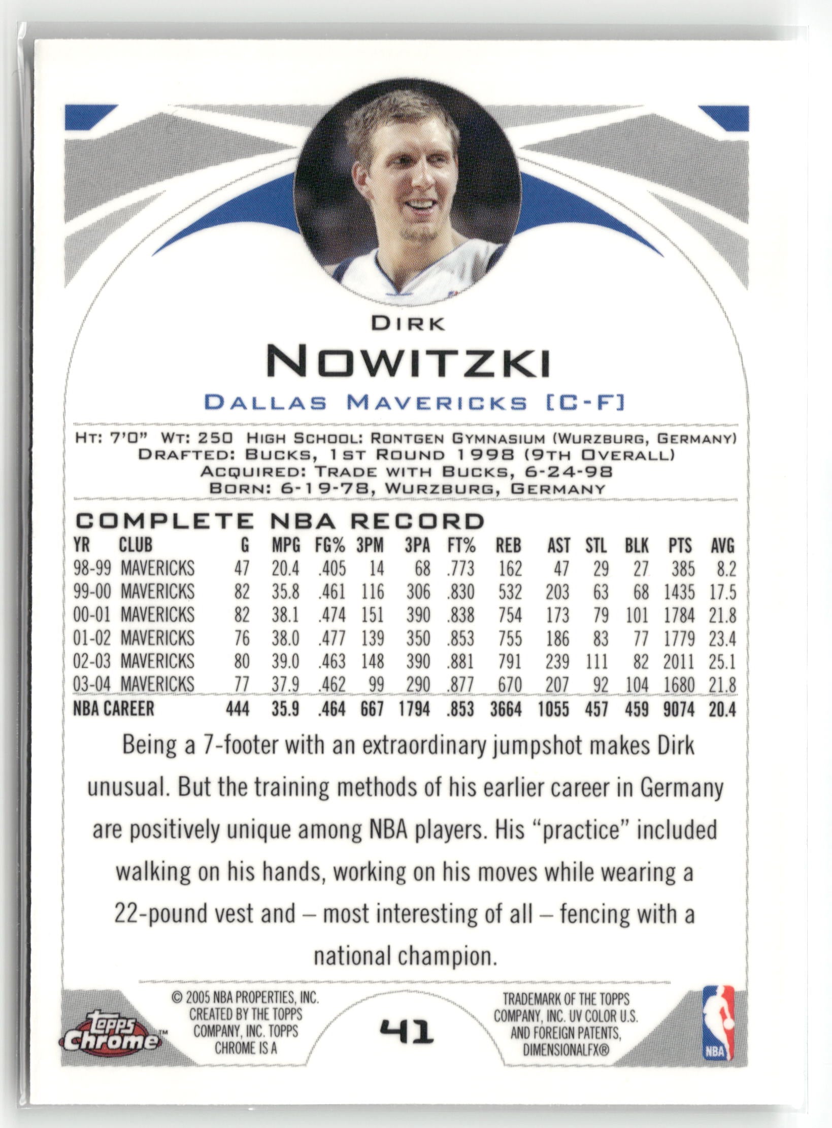 Basketball NBA Dirk Nowitzki 2004-05 Topps Chrome #41 Dallas Mavericks Trading Card Original