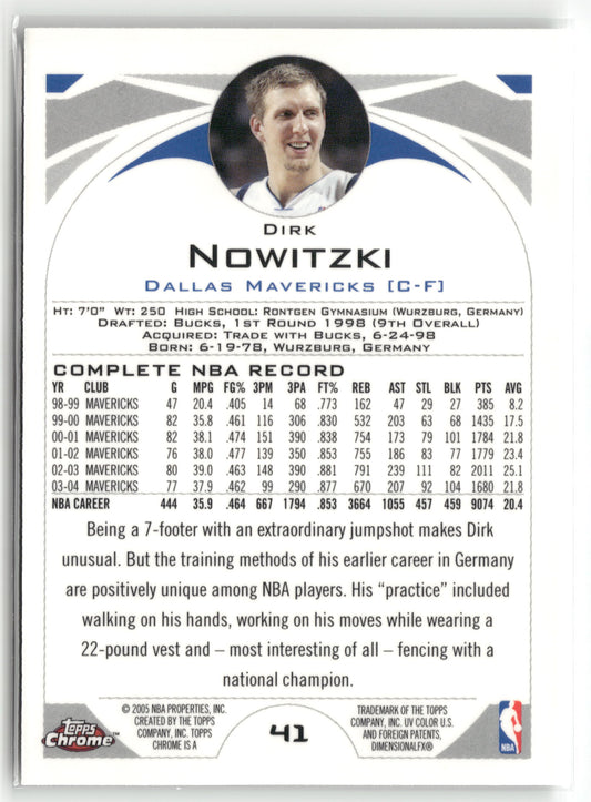 Basketball NBA Dirk Nowitzki 2004-05 Topps Chrome #41 Dallas Mavericks Trading Card Original