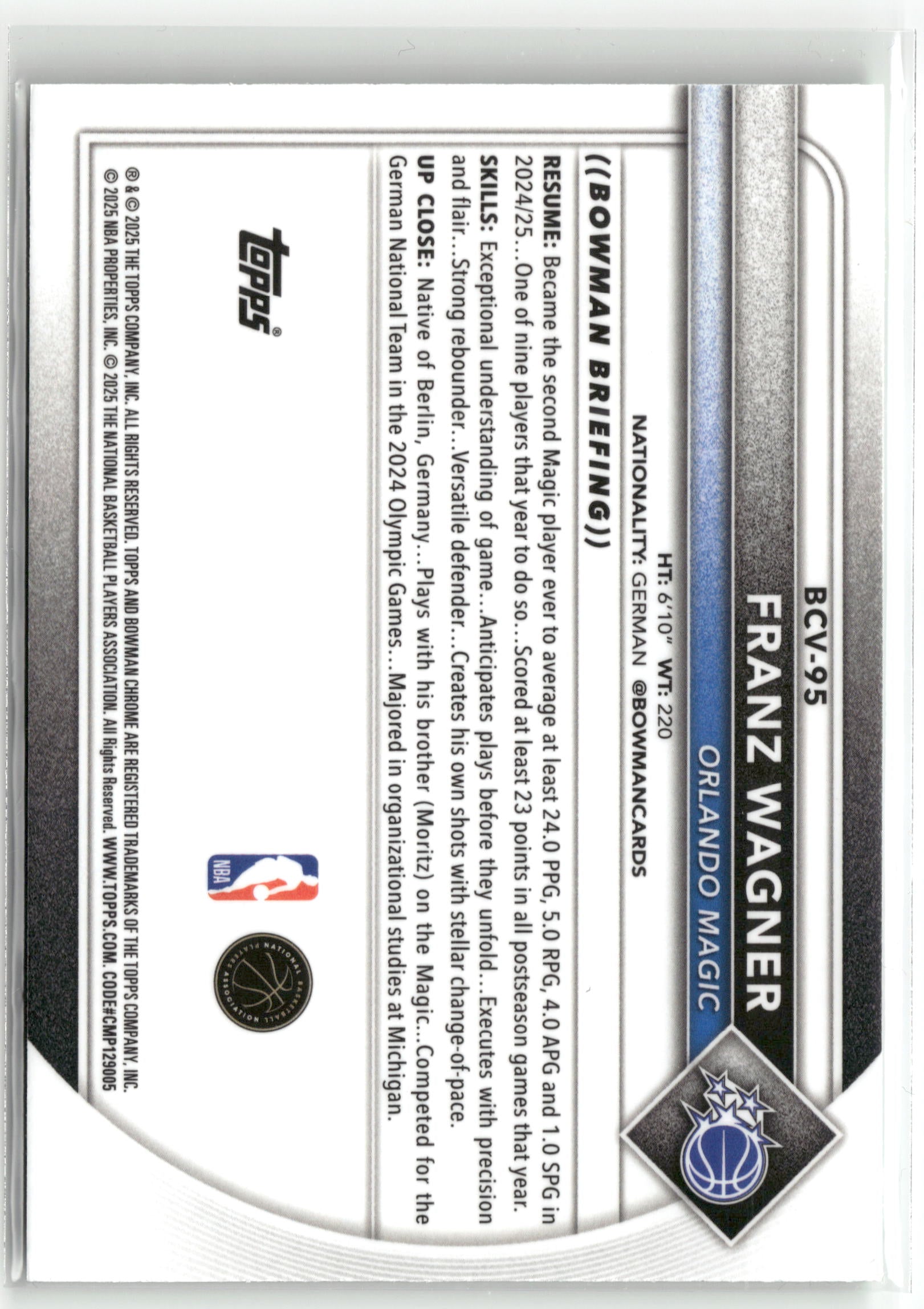 Basketball NBA Franz Wagner 2024-25 Bowman Chrome #BCV-95 Orlando Magic Trading Card Original