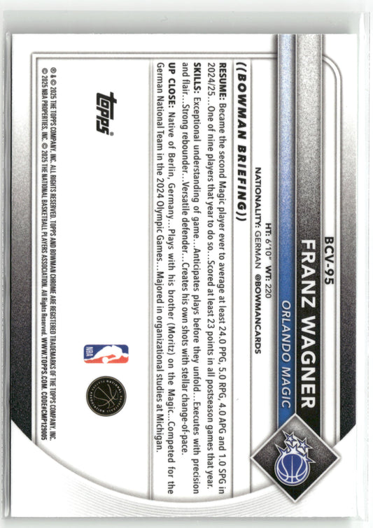 Basketball NBA Franz Wagner 2024-25 Bowman Chrome #BCV-95 Orlando Magic Trading Card Original
