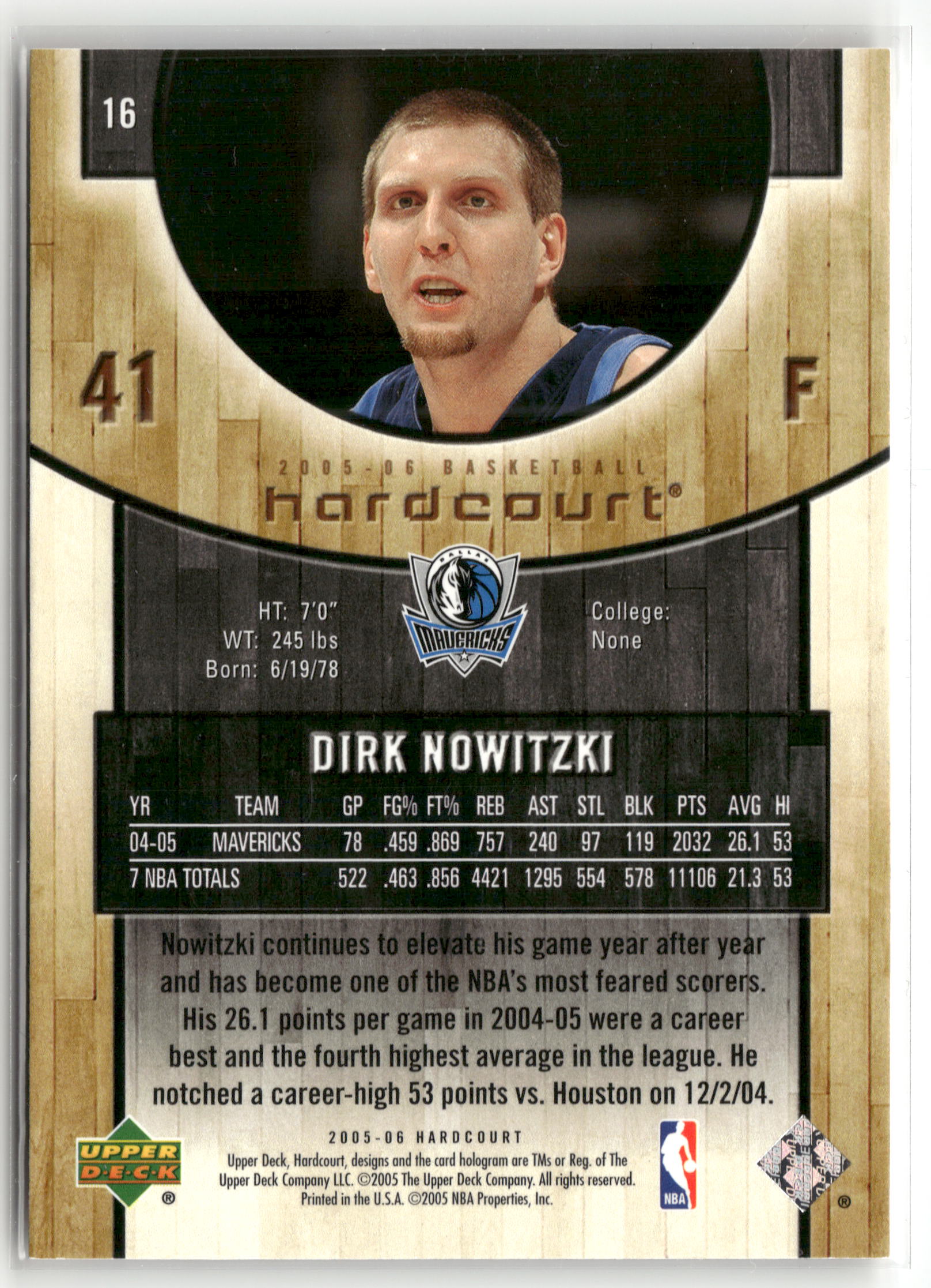 Basketball NBA Dirk Nowitzki 2005-06 Upper Deck Hardcourt #16 Dallas Mavericks Trading Card Original