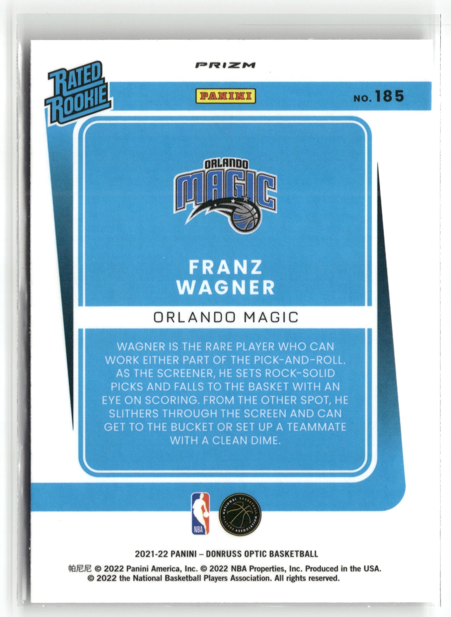 Basketball NBA Franz Wagner 2021-22 Panini Donruss Optic Basketball #185 Orlando Magic Rookie Card RC Trading Card Original