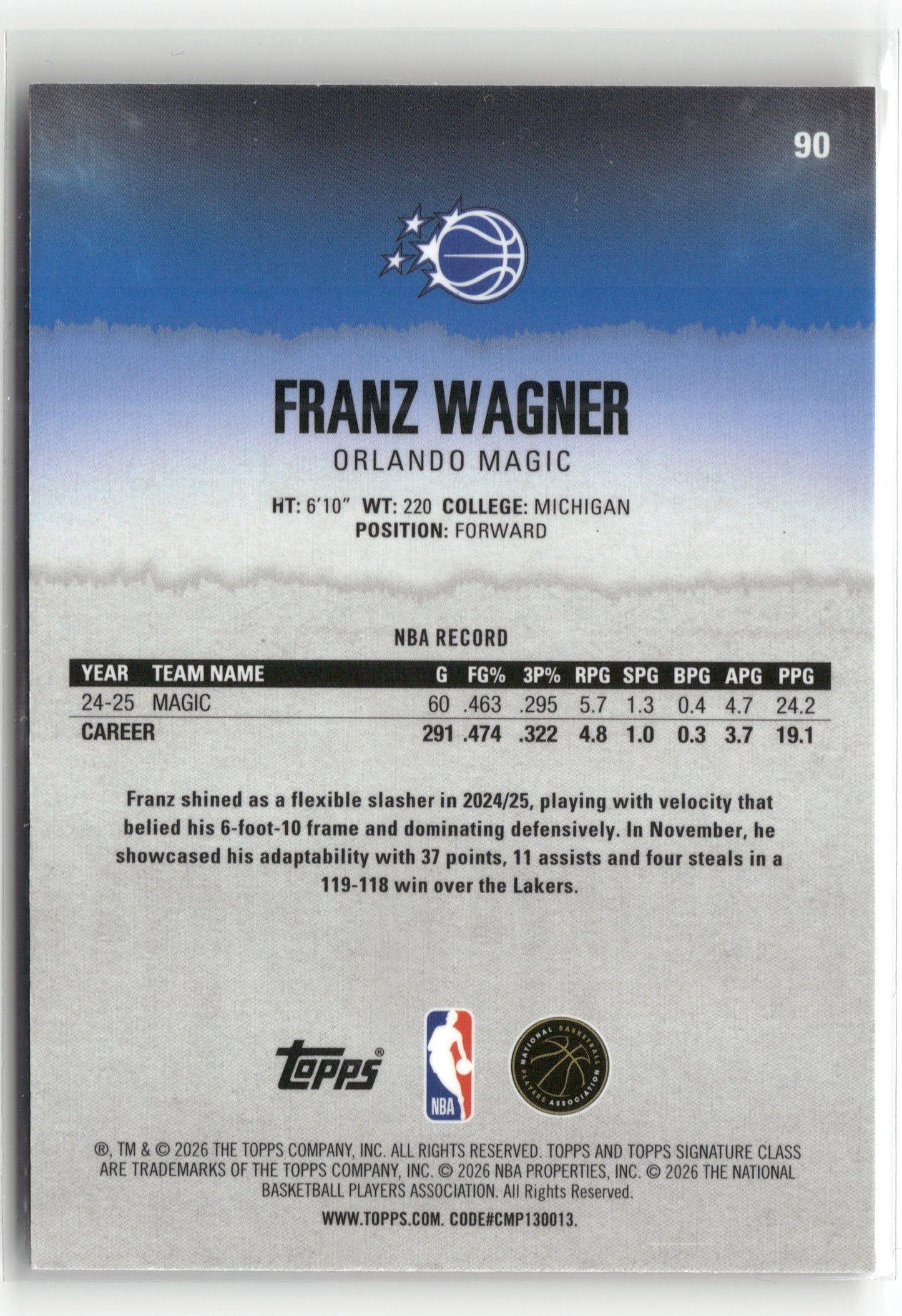 Basketball NBA Franz Wagner 2025-26 Topps Signature Class #90 Magenta /250 Orlando Magic Trading Card Original