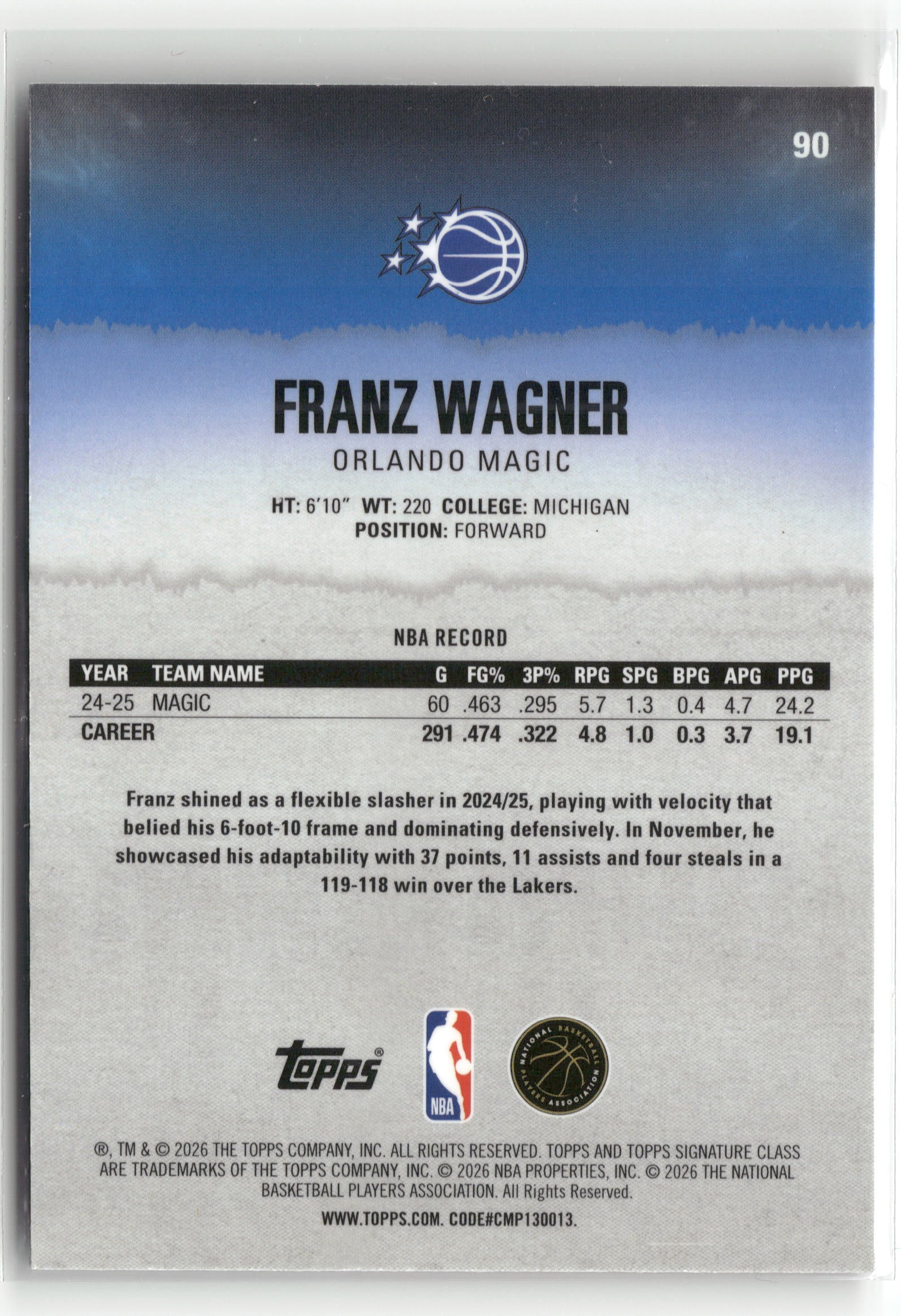 Basketball NBA Franz Wagner 2025-26 Topps Signature Class #90 Magenta /250 Orlando Magic Trading Card Original