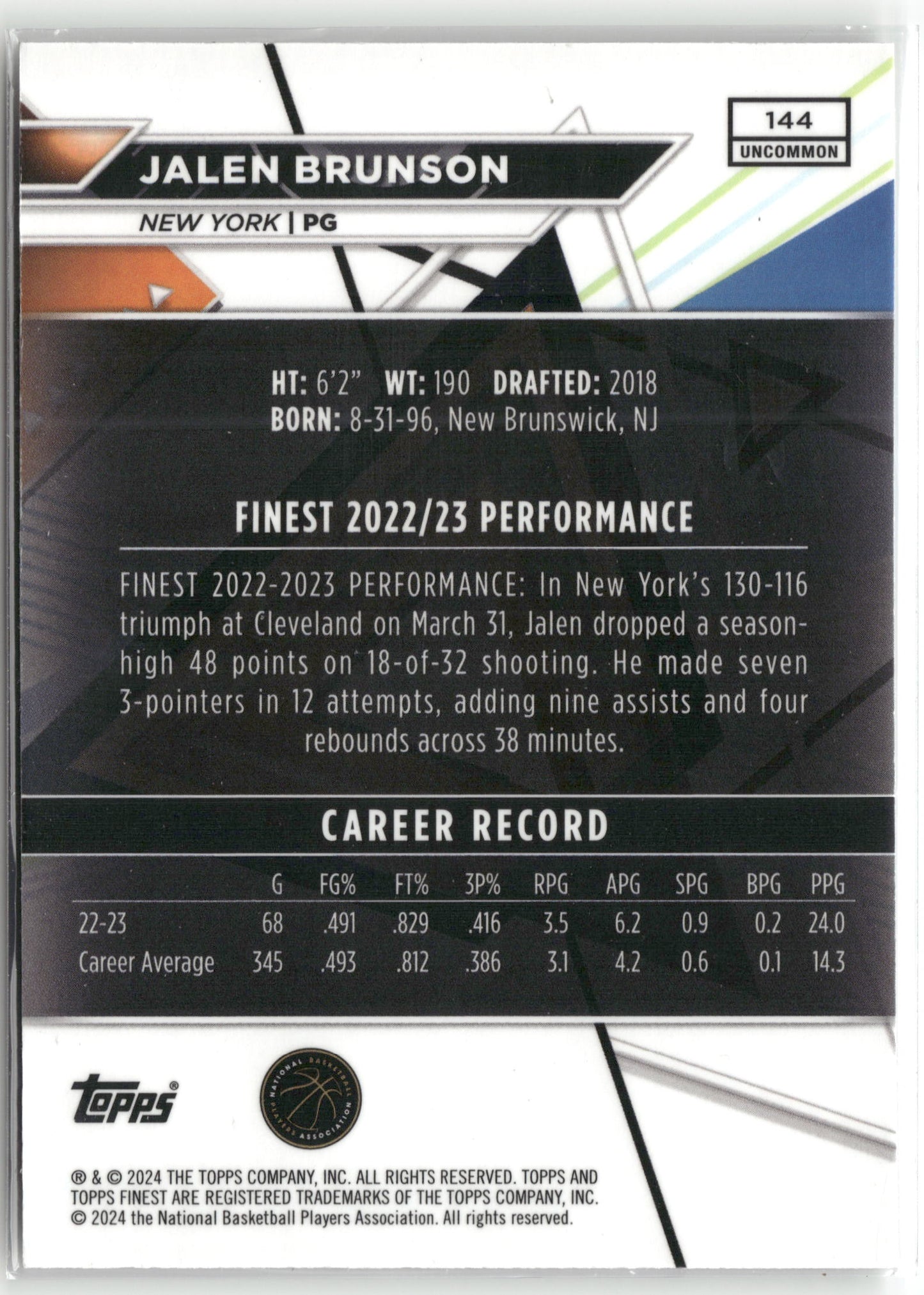Basketball NBA Jalen Brunson 2023-24 Topps Finest Basketball #144 New York Knicks Trading Card Original