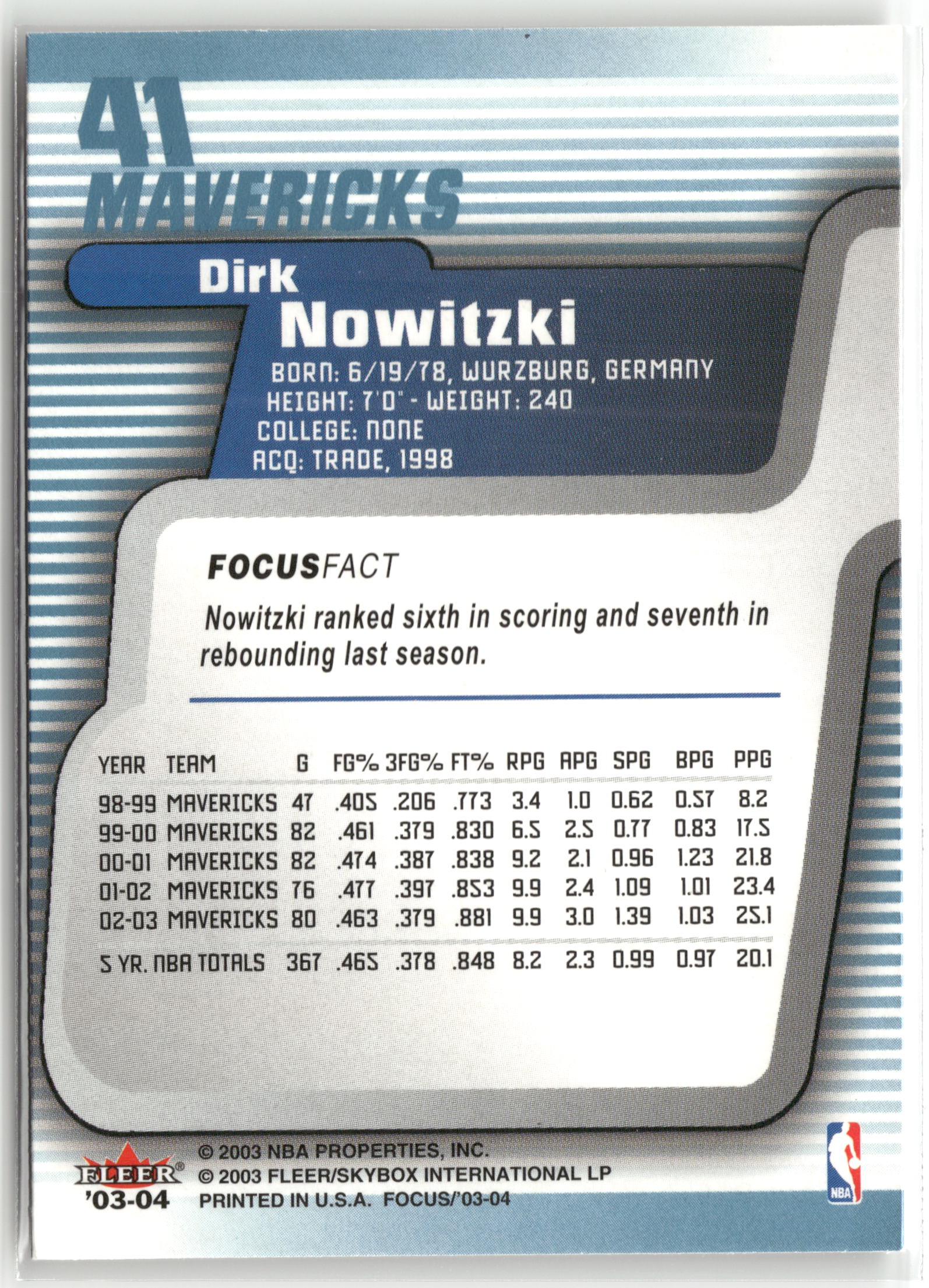 Basketball NBA Dirk Nowitzki 2003-04 Fleer Focus #41 Dallas Mavericks Trading Card Original