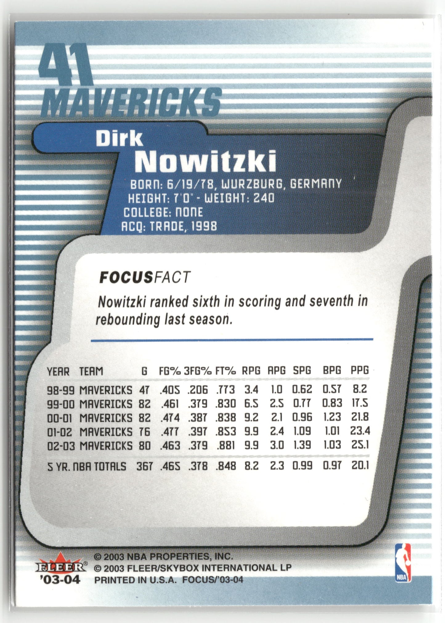 Basketball NBA Dirk Nowitzki 2003-04 Fleer Focus #41 Dallas Mavericks Trading Card Original