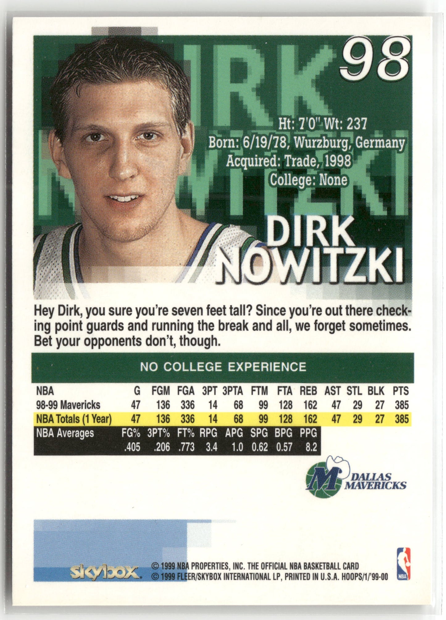 Basketball NBA Dirk Nowitzki 1999-00 NBA Hoops Skybox #98 Dallas Mavericks Trading Card Original