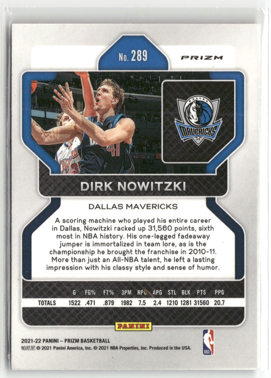 Basketball NBA Dirk Nowitzki 2021-22 Panini Prizm Basketball #289 Red White Blue Prizm Dallas Mavericks Trading Card Original