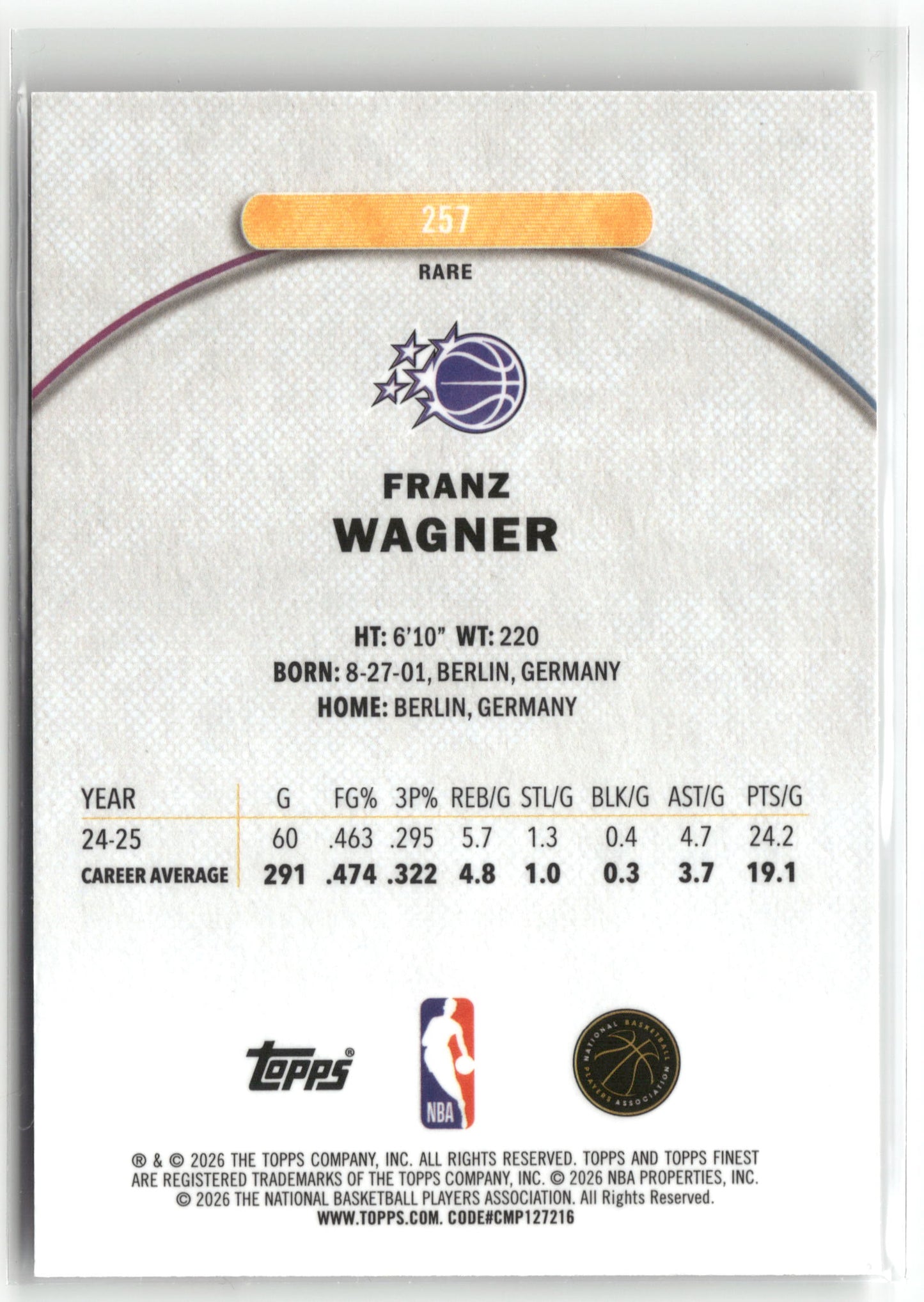 Basketball NBA Franz Wagner 2025-26 Topps Finest #257 Orlando Magic Trading Card Original