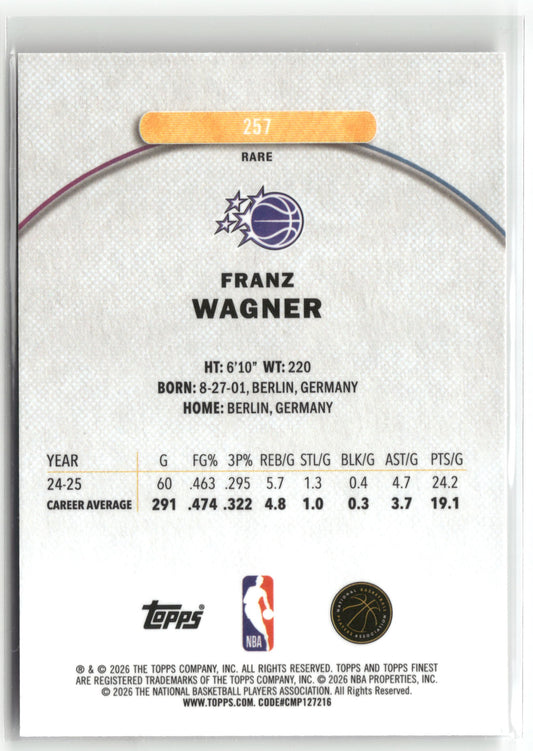 Basketball NBA Franz Wagner 2025-26 Topps Finest #257 Orlando Magic Trading Card Original