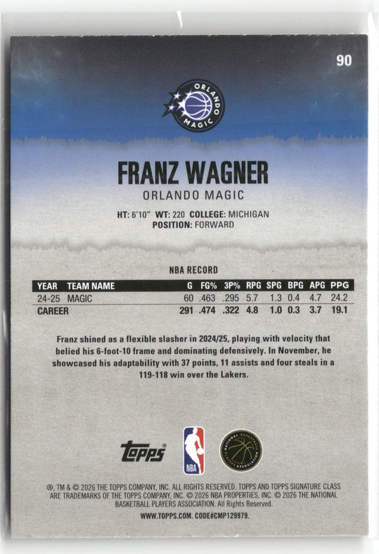 Basketball NBA Franz Wagner 2025-26 Topps Signature Class #90 Red /250 Orlando Magic Trading Card Original