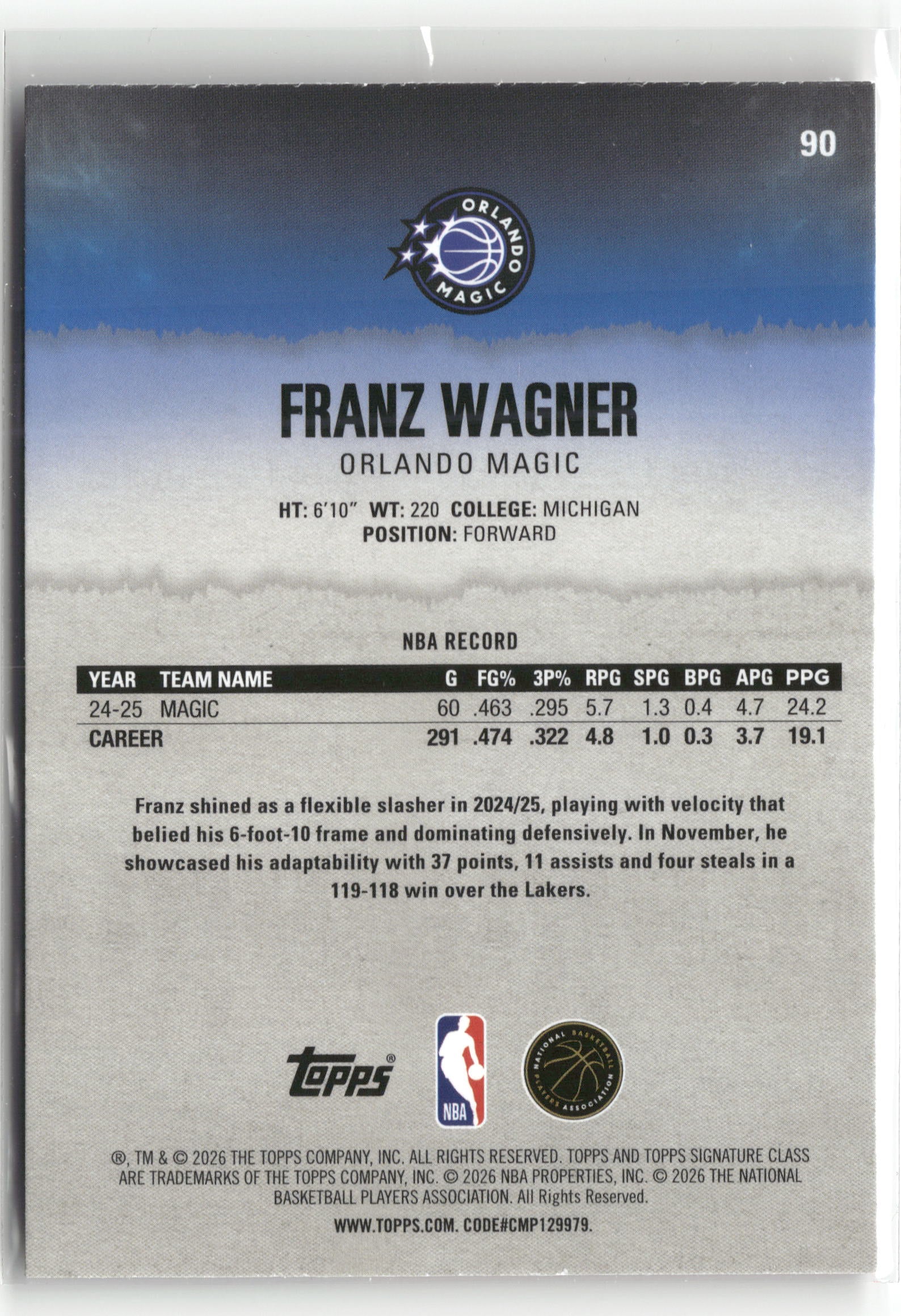 Basketball NBA Franz Wagner 2025-26 Topps Signature Class #90 Red /250 Orlando Magic Trading Card Original