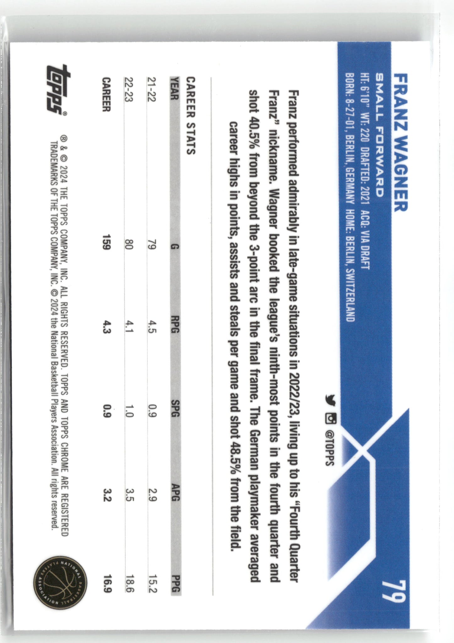 Basketball NBA Franz Wagner 2023-24 Topps Chrome NBA #79 Orlando Magic Trading Card Original