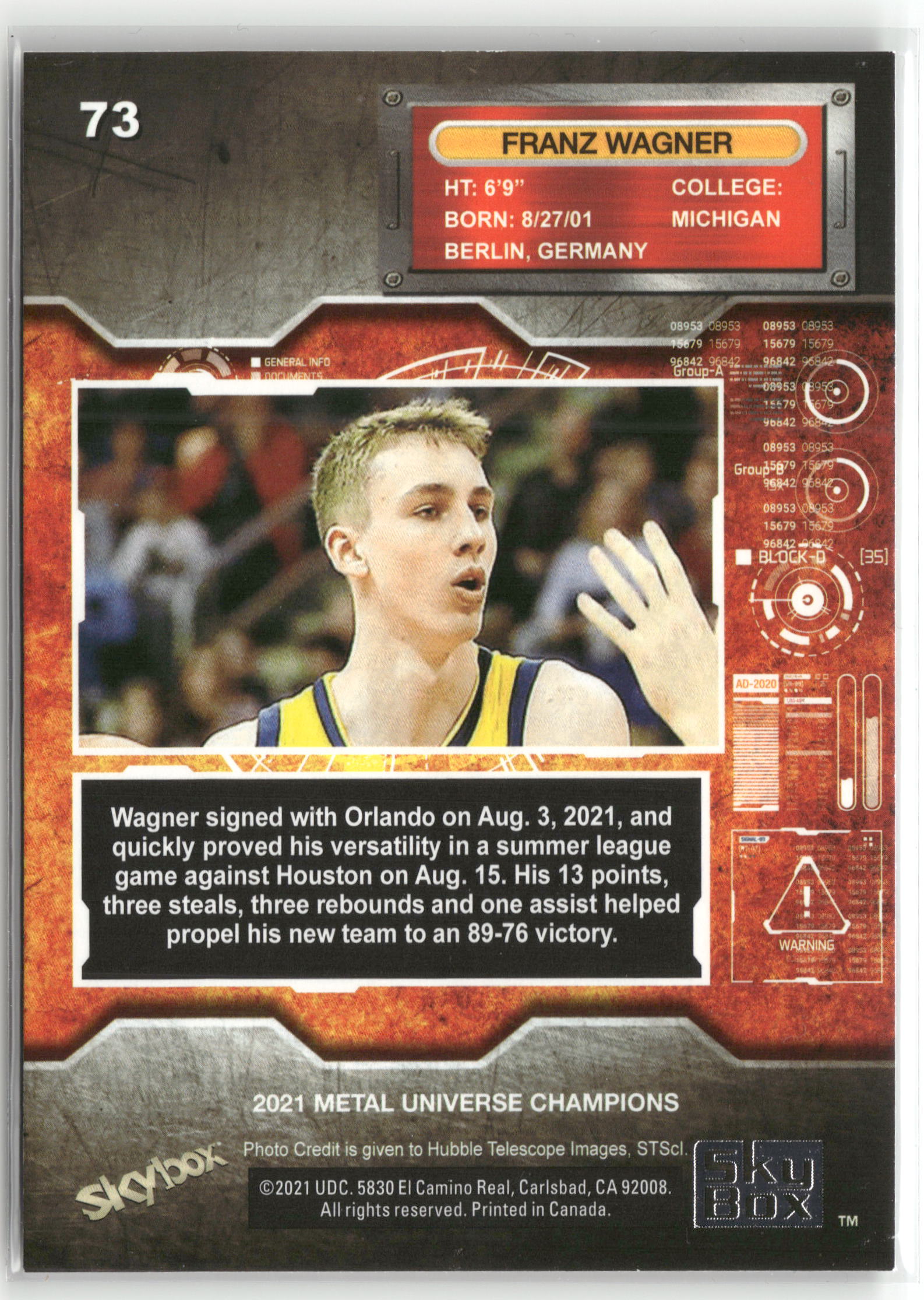 Basketball NBA Franz Wagner 2021 Skybox Metal Universe Champions #73 Orlando Magic Trading Card Original