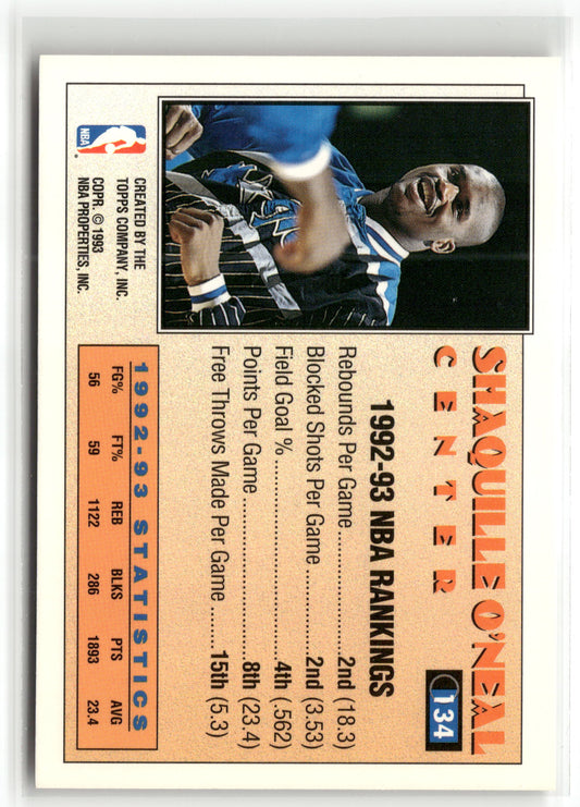 Basketball NBA Shaquille O'Neal 1992-93 Topps #134 Orlando Magic Trading Card Original