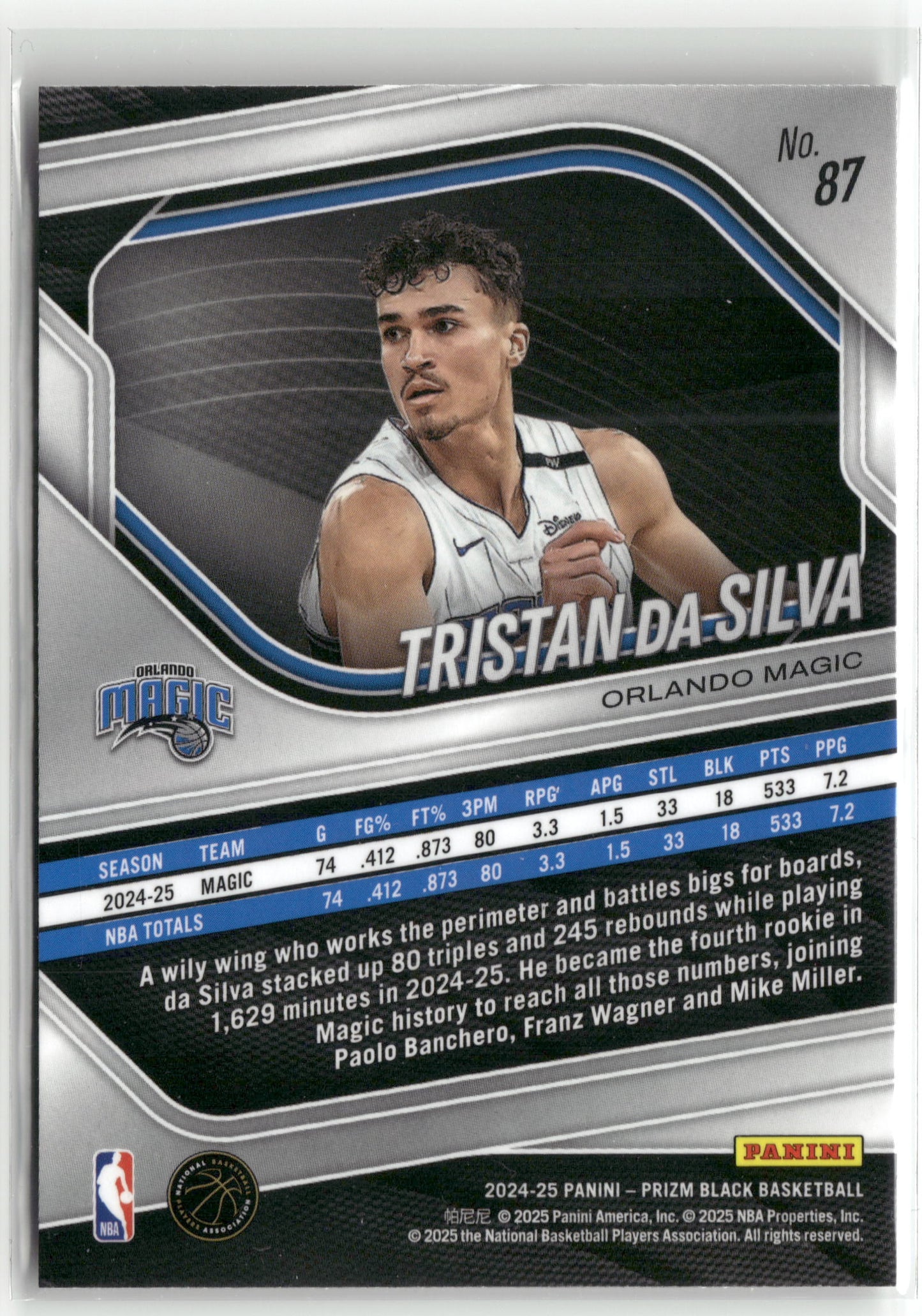 Basketball NBA Tristan Da Silva 2024-25 Panini Prizm Black Basketball #87 Base Rookie Card Orlando Magic Rookie Card RC Trading Card Original