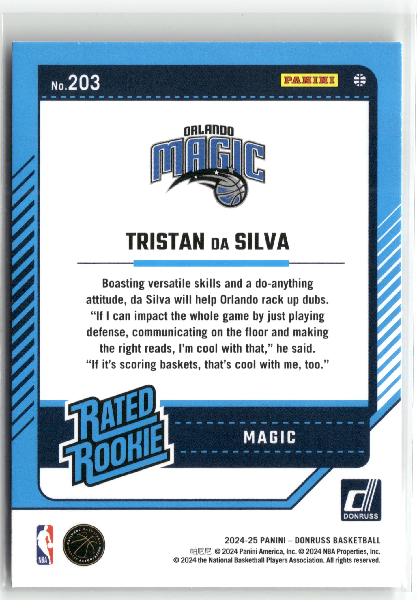 Basketball NBA Tristan da Silva 2024-25 Panini Donruss Basketball #203 Choice Rookie Card Orlando Magic Rookie Card RC Trading Card Original