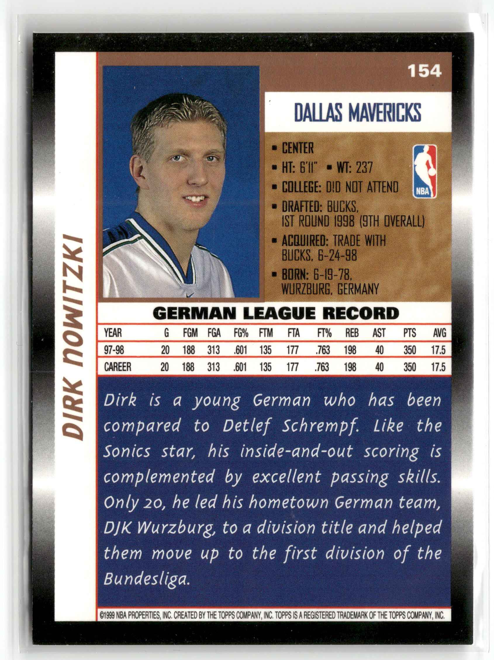 Basketball NBA Dirk Nowitzki 1998 Topps Basketball #154 Rookie Card Dallas Mavericks Rookie Card RC Trading Card Original
