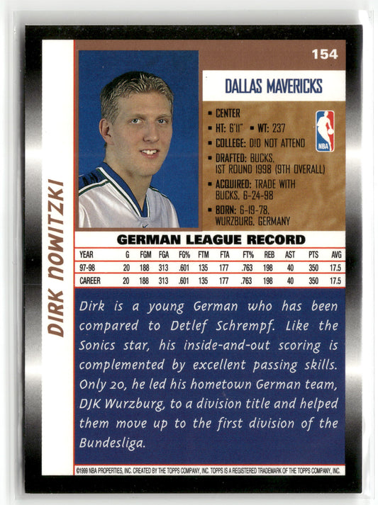 Basketball NBA Dirk Nowitzki 1998 Topps Basketball #154 Rookie Card Dallas Mavericks Rookie Card RC Trading Card Original
