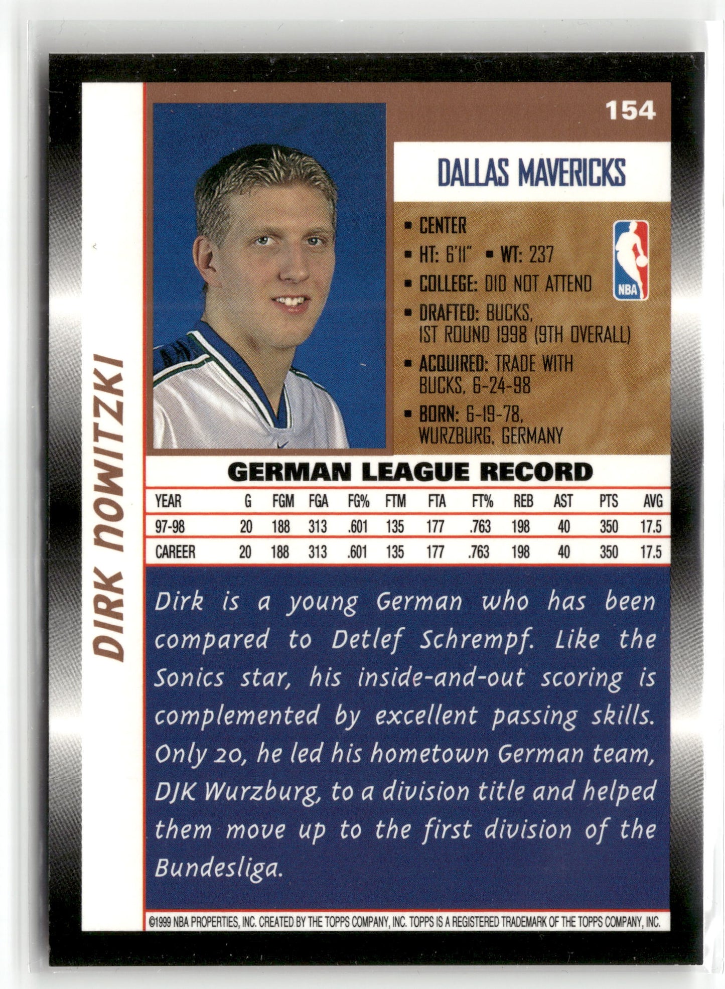 Basketball NBA Dirk Nowitzki 1998 Topps Basketball #154 Rookie Card Dallas Mavericks Rookie Card RC Trading Card Original