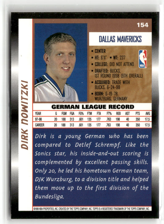 Basketball NBA Dirk Nowitzki 1998 Topps Basketball #154 Rookie Card Dallas Mavericks Rookie Card RC Trading Card Original