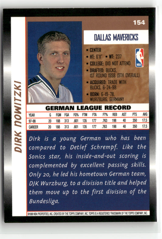 Basketball NBA Dirk Nowitzki 1998 Topps Basketball #154 Rookie Card Dallas Mavericks Rookie Card RC Trading Card Original